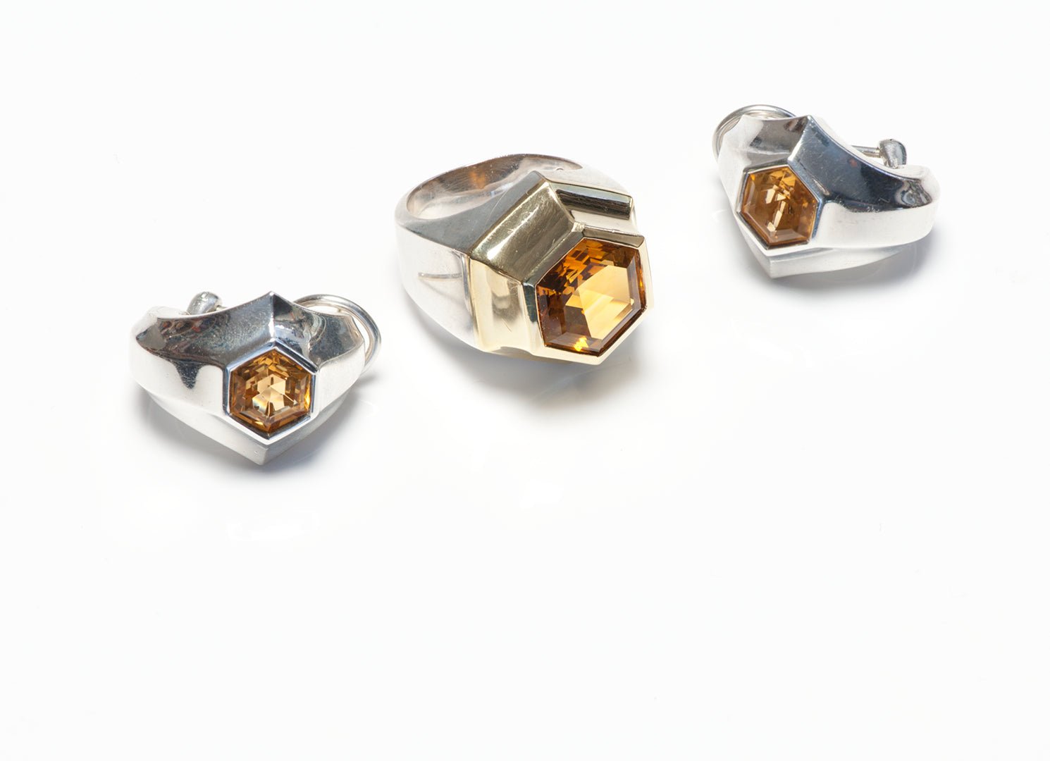 Vintage JL Citrine 18K Yellow Gold & Sterling Silver Ring Earrings