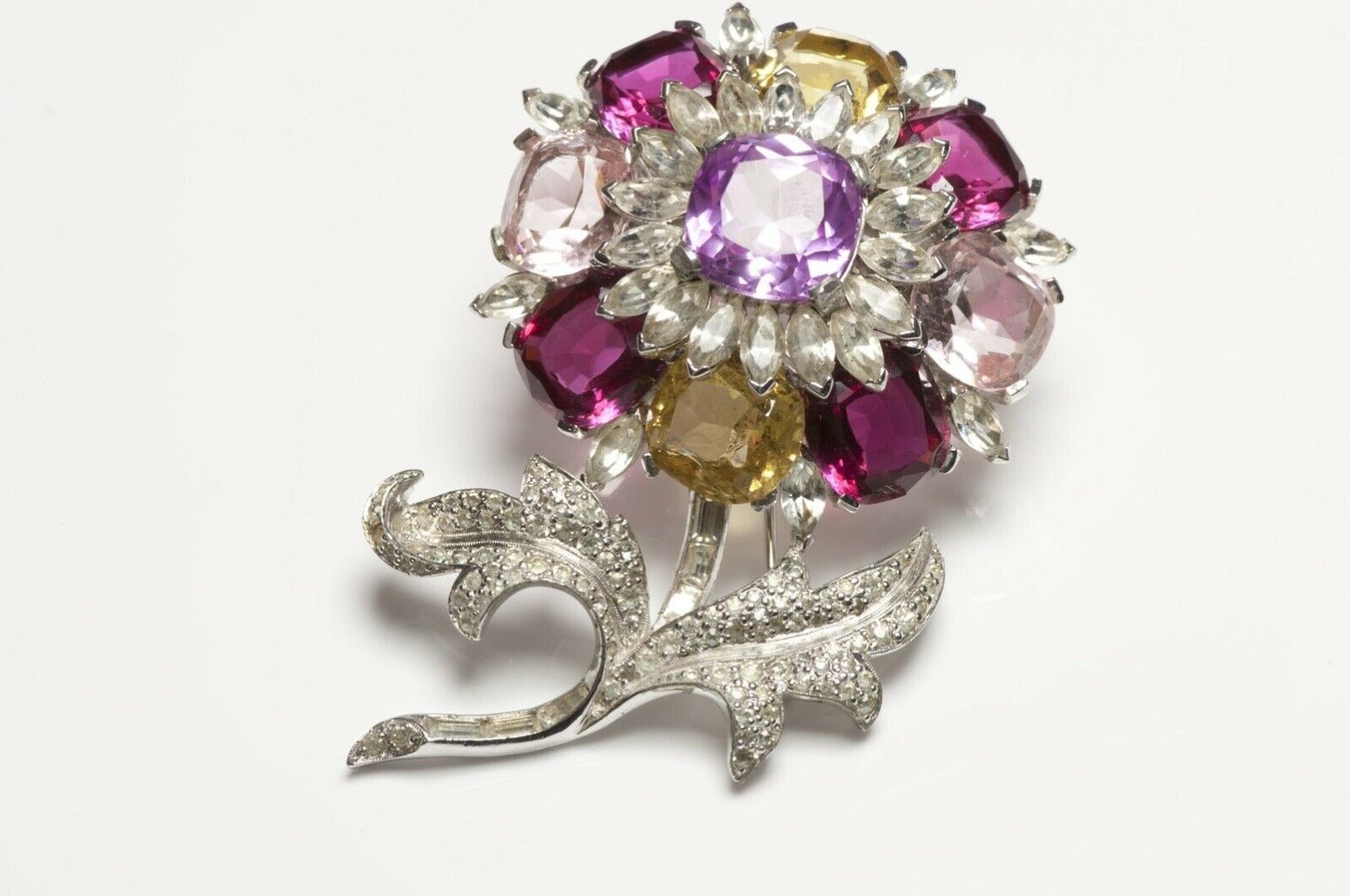 Vintage Jomaz Rhodium Plated Pink Yellow Crystal Flower Brooch