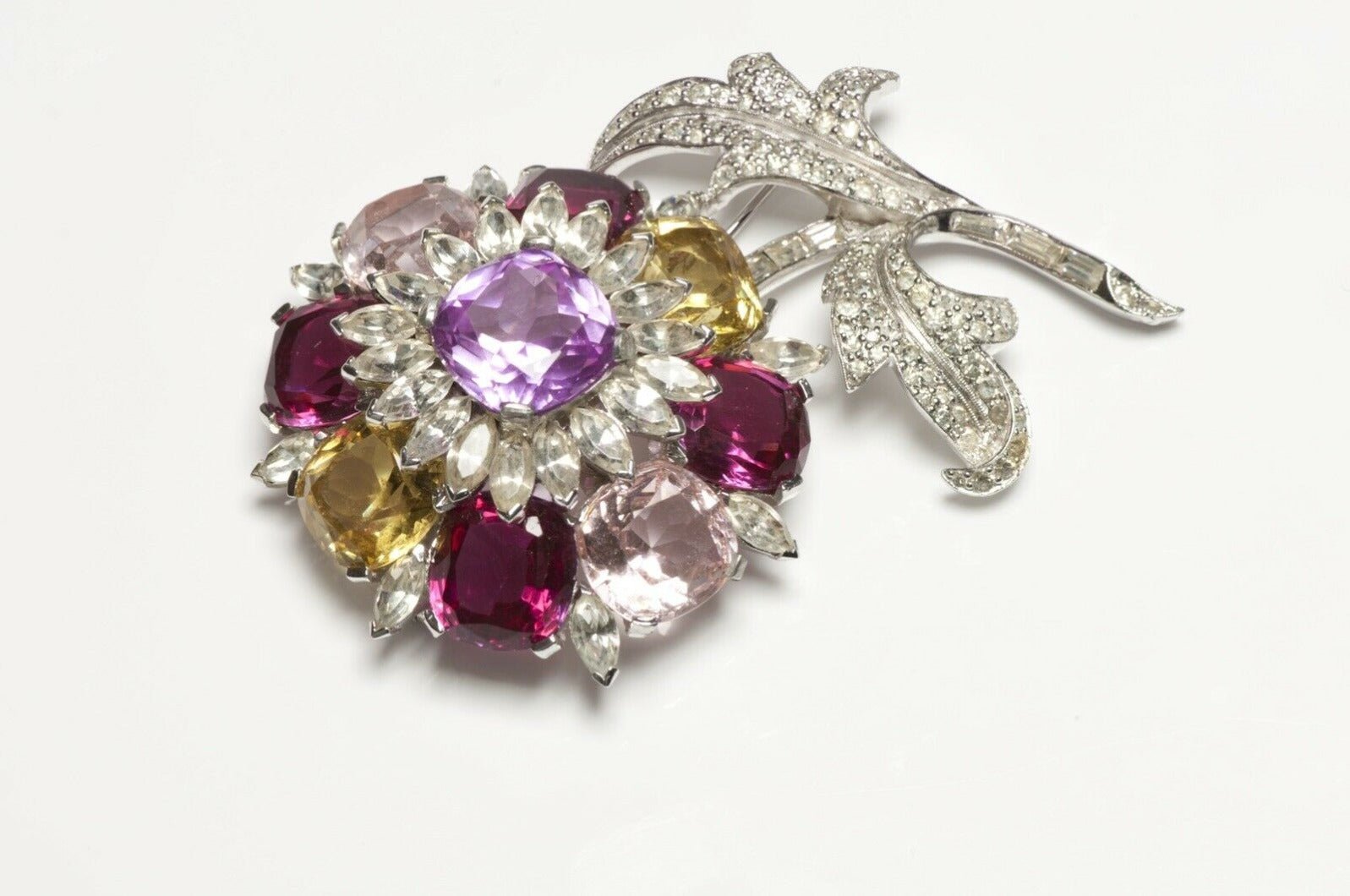 Vintage Jomaz Rhodium Plated Pink Yellow Crystal Flower Brooch