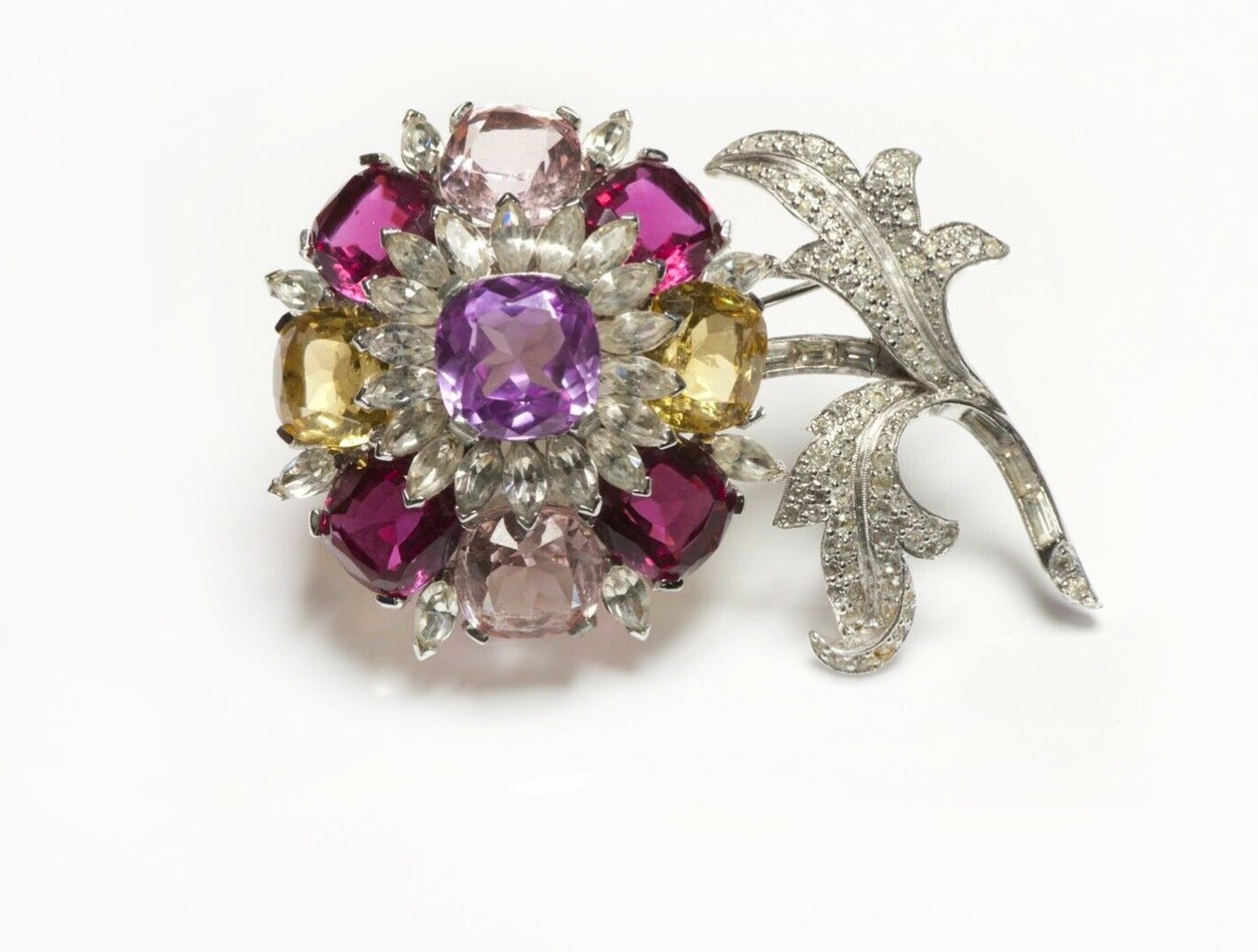 Vintage Jomaz Rhodium Plated Pink Yellow Crystal Flower Brooch