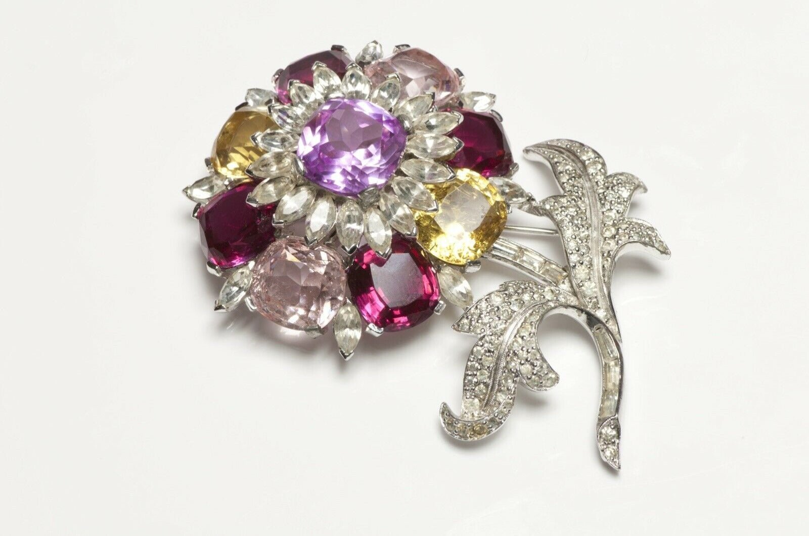 Vintage Jomaz Rhodium Plated Pink Yellow Crystal Flower Brooch
