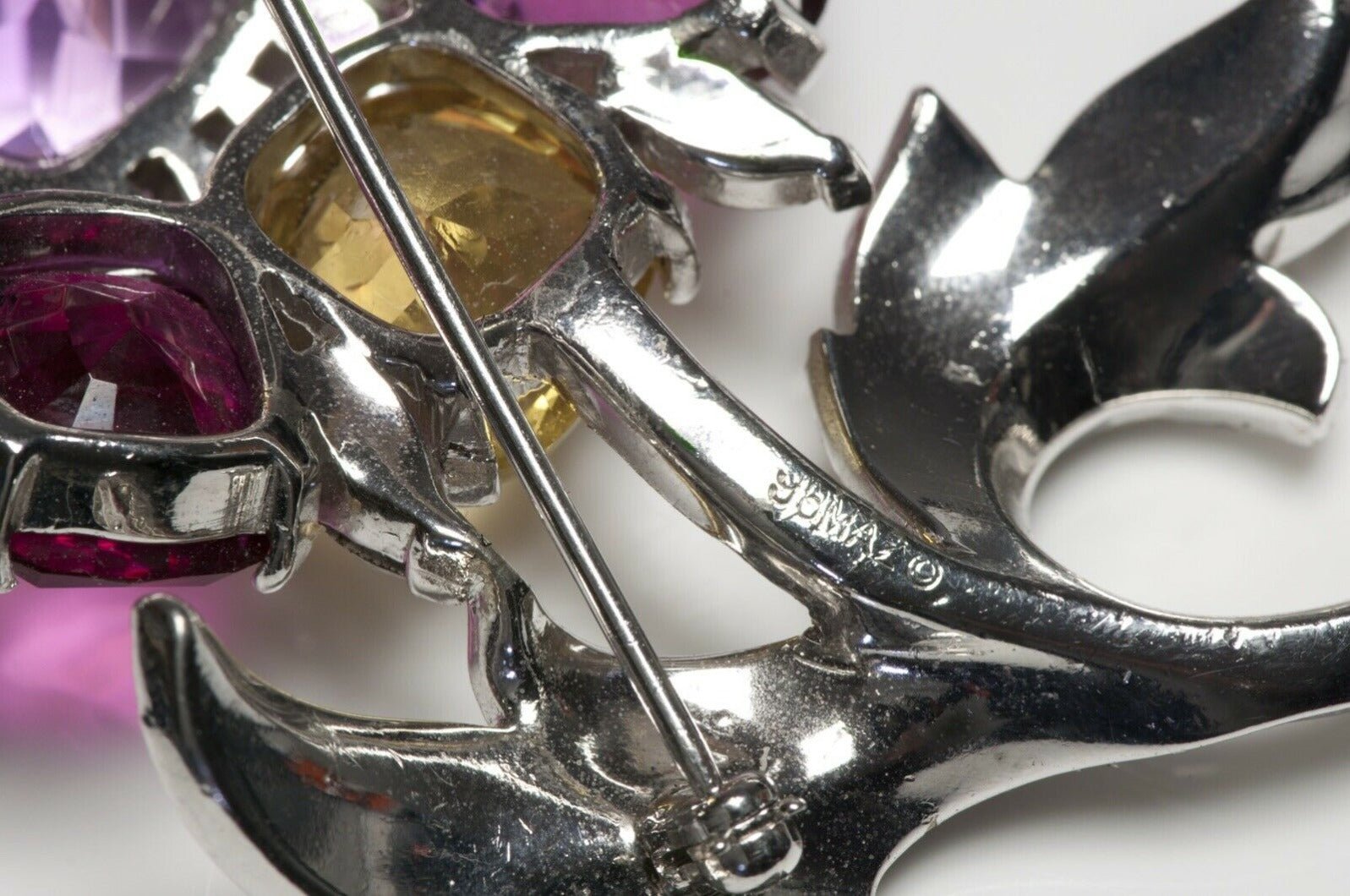 Vintage Jomaz Rhodium Plated Pink Yellow Crystal Flower Brooch