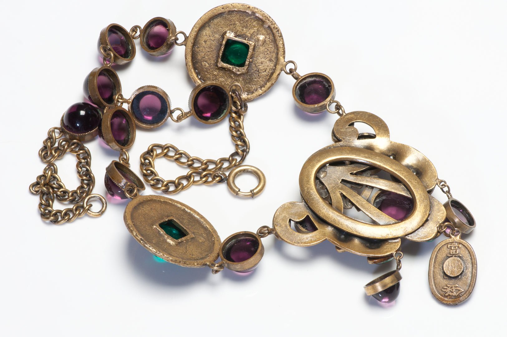 Vintage Joseff of Hollywood Asian Style Purple Green Cabochon Glass Necklace