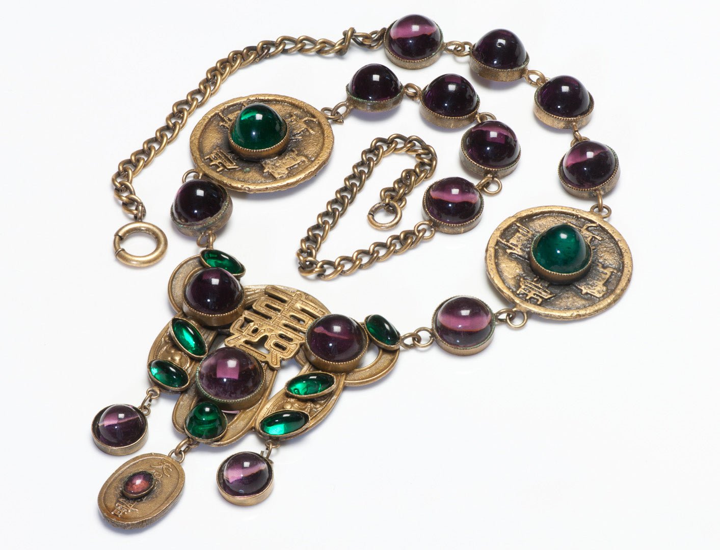 Vintage Joseff of Hollywood Asian Style Purple Green Cabochon Glass Necklace