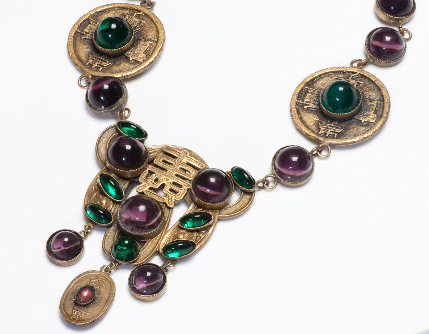 Vintage Joseff of Hollywood Asian Style Purple Green Cabochon Glass Necklace