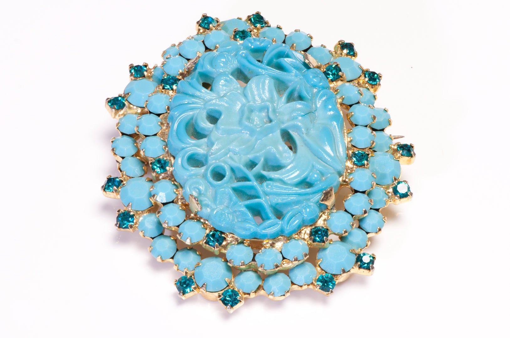 Vintage Juliana Faux Turquoise Blue Crystal Carved Flower Brooch