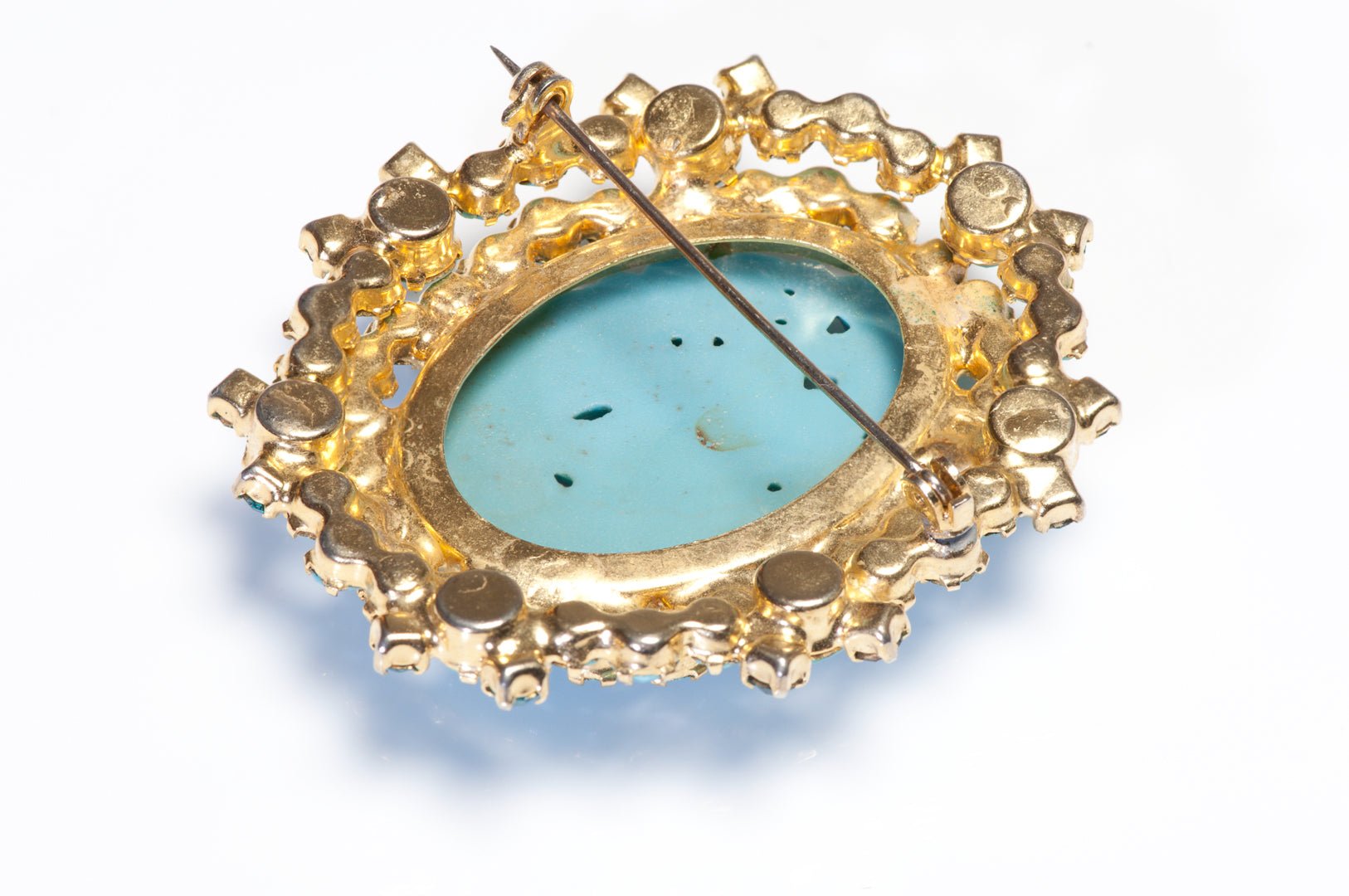 Vintage Juliana Faux Turquoise Blue Crystal Carved Flower Brooch