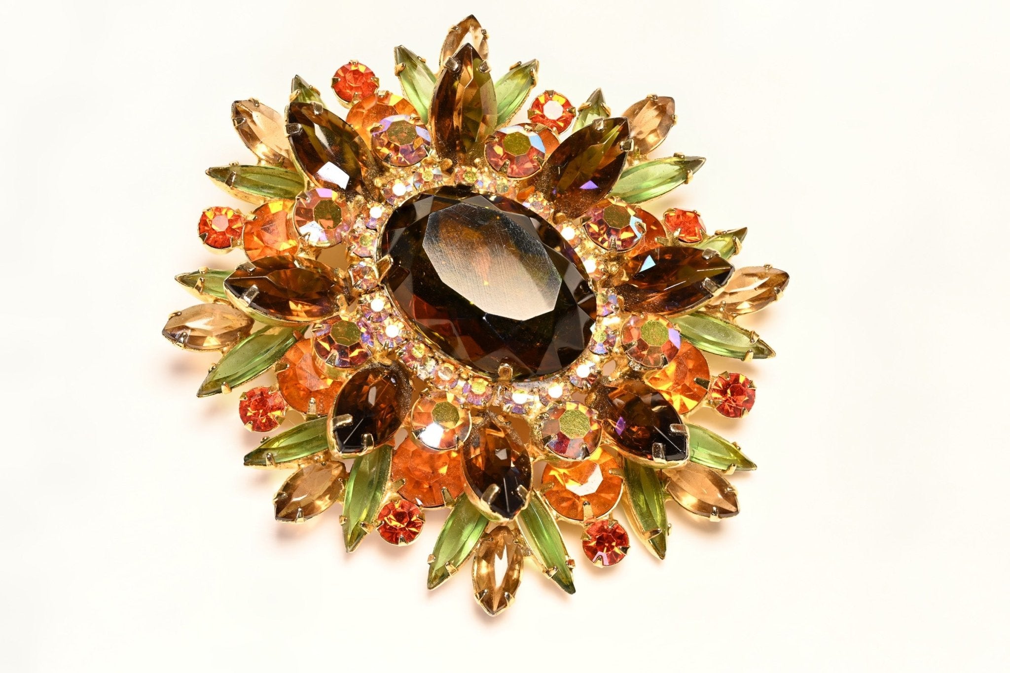 Vintage Juliana Large Gold Plated Green Orange Brown Crystal Flower Brooch