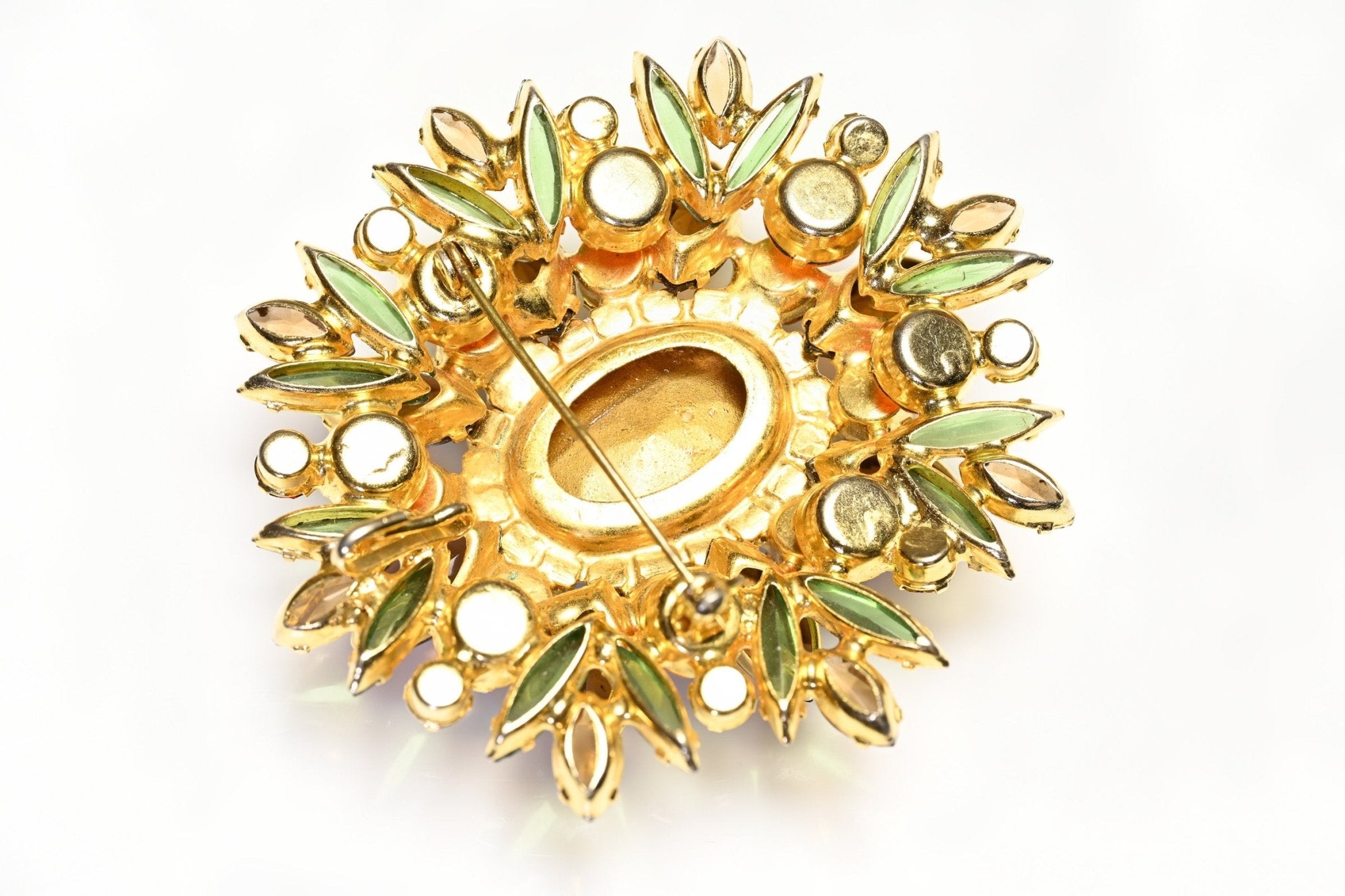 Vintage Juliana Large Gold Plated Green Orange Brown Crystal Flower Brooch