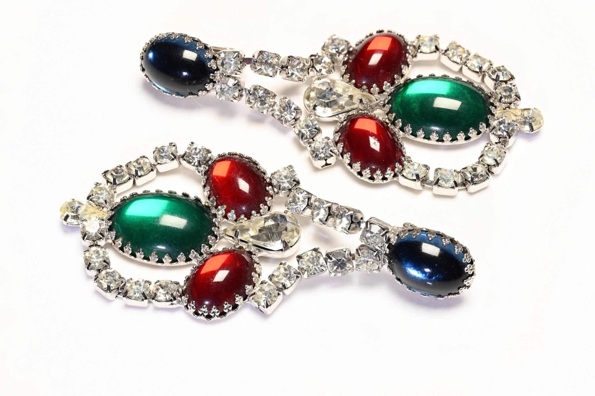 Vintage Juliana Long Blue Red Green Cabochon Mughal Style Drop Earrings