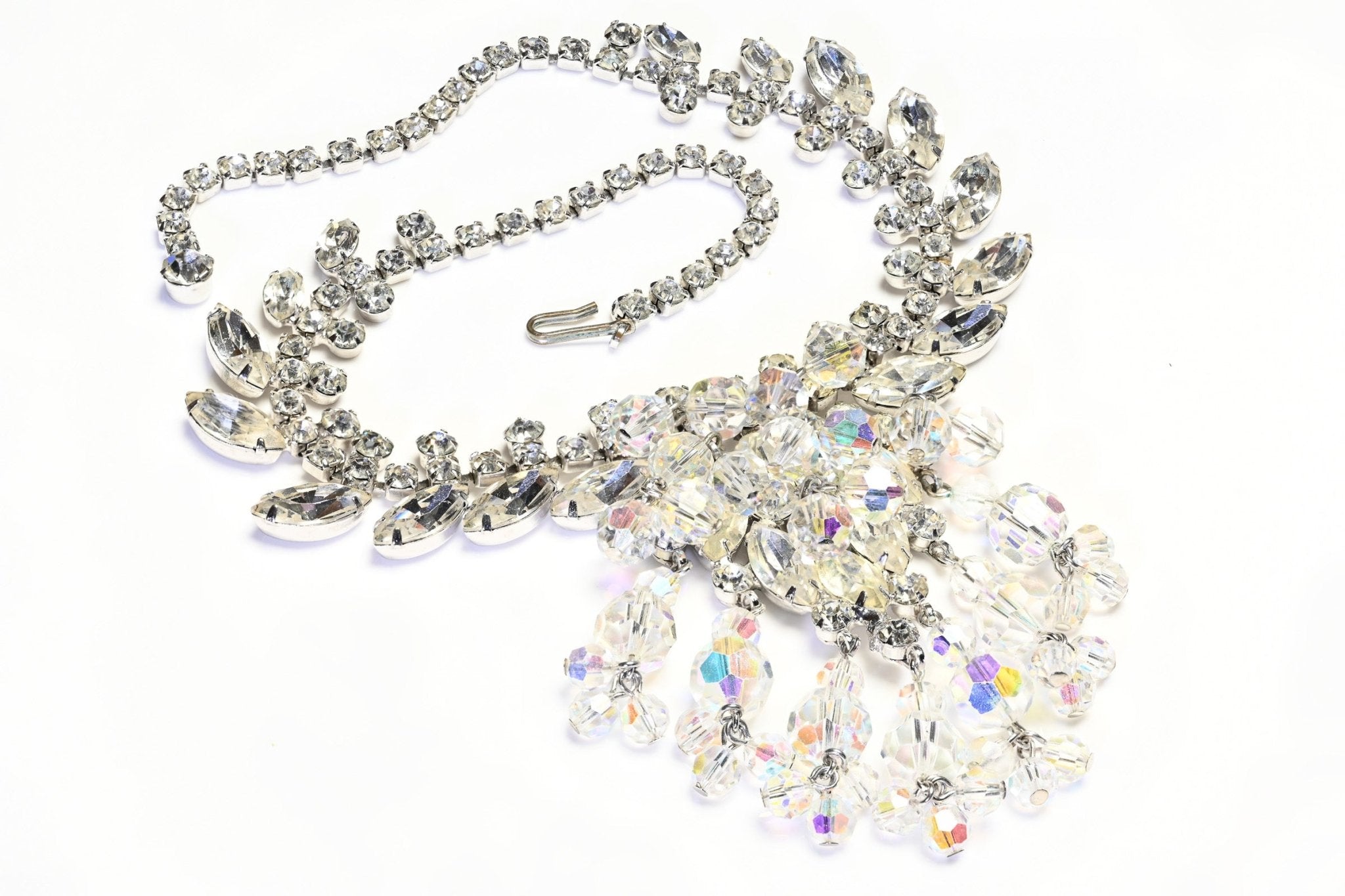 Vintage Juliana Rhodium Plated Aurora Borealis Crystal Tassel Necklace