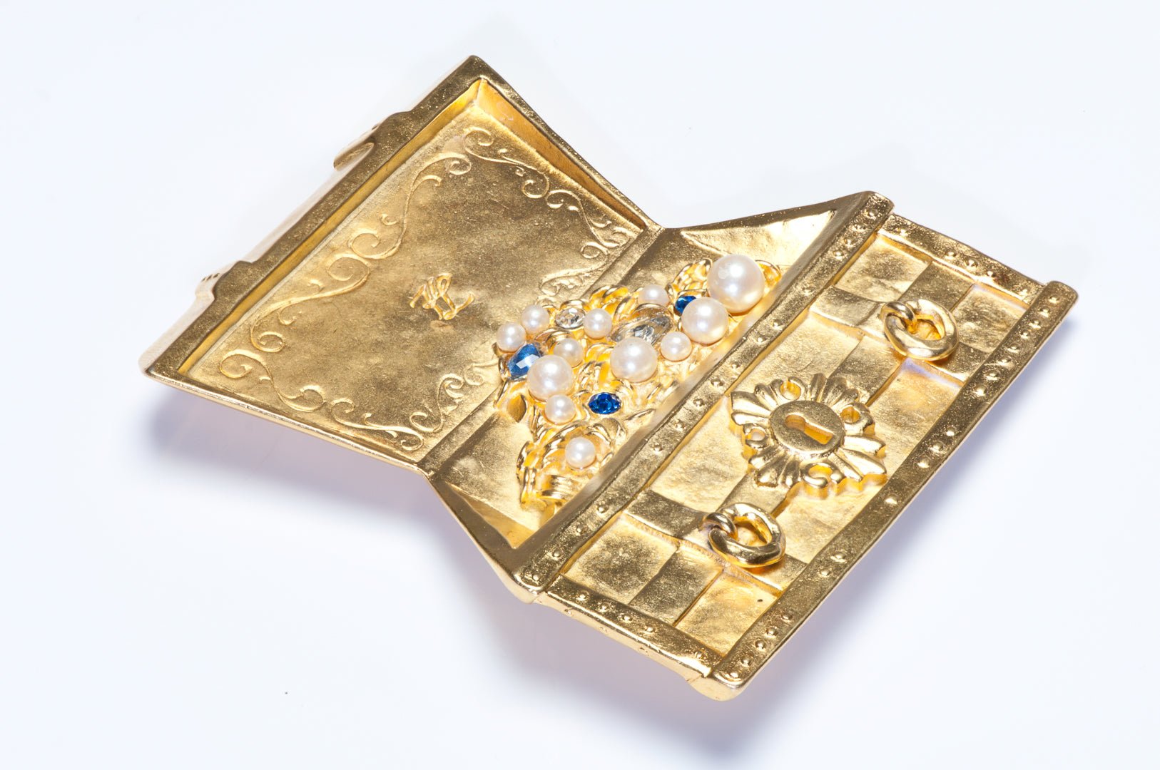 Vintage Karl Lagerfeld Gold Plated Pearl Blue Crystal Treasure Chest Brooch