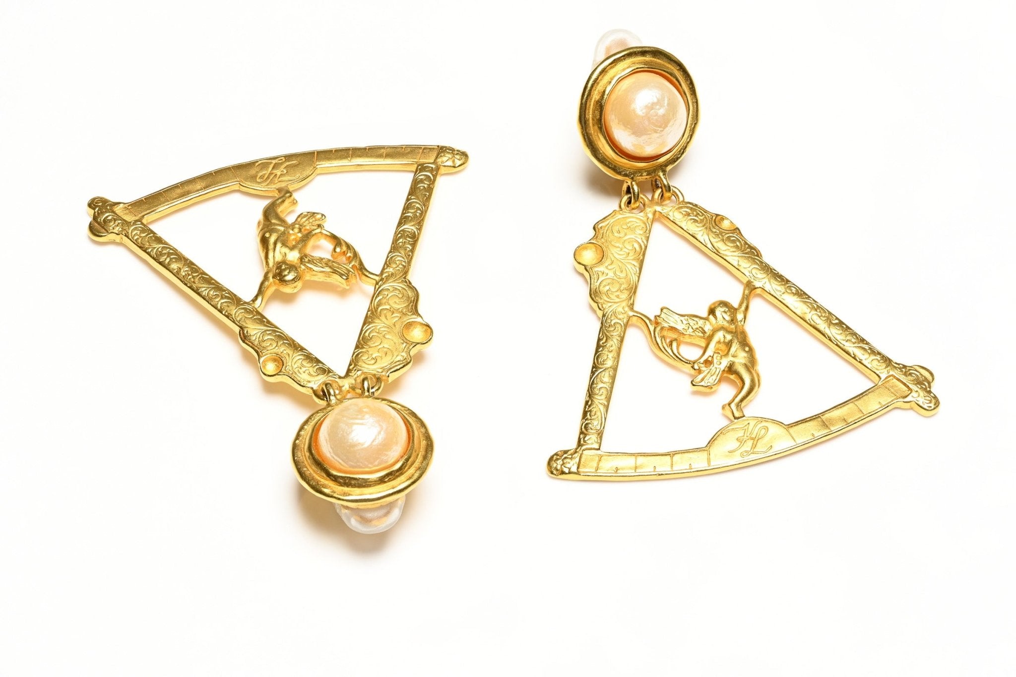 Vintage Karl Lagerfeld Paris Gold Plated Cherub Angel Pearl Drop Earrings