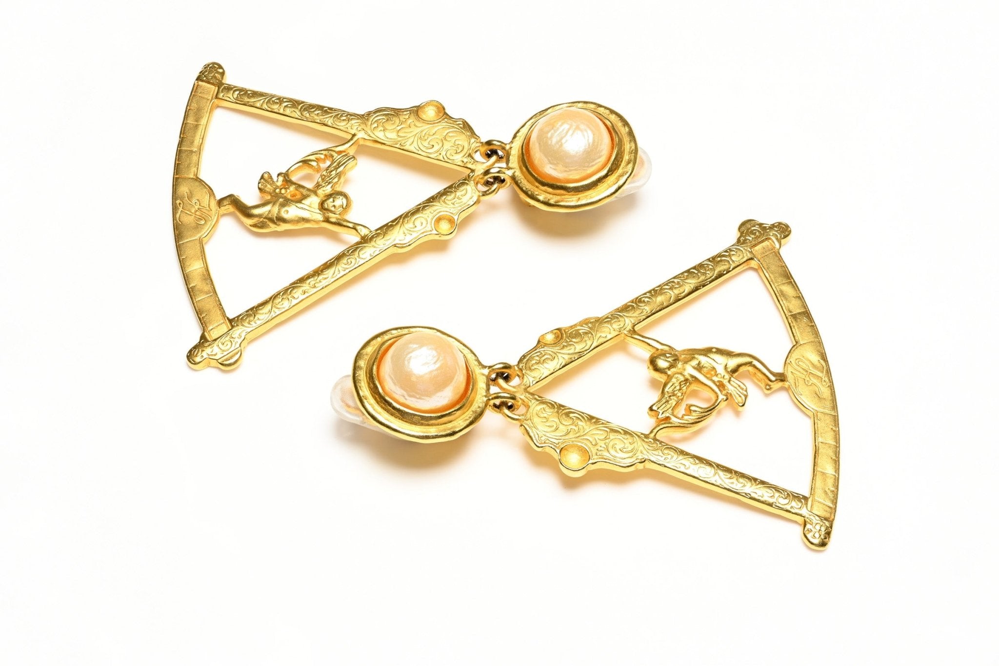 Vintage Karl Lagerfeld Paris Gold Plated Cherub Angel Pearl Drop Earrings
