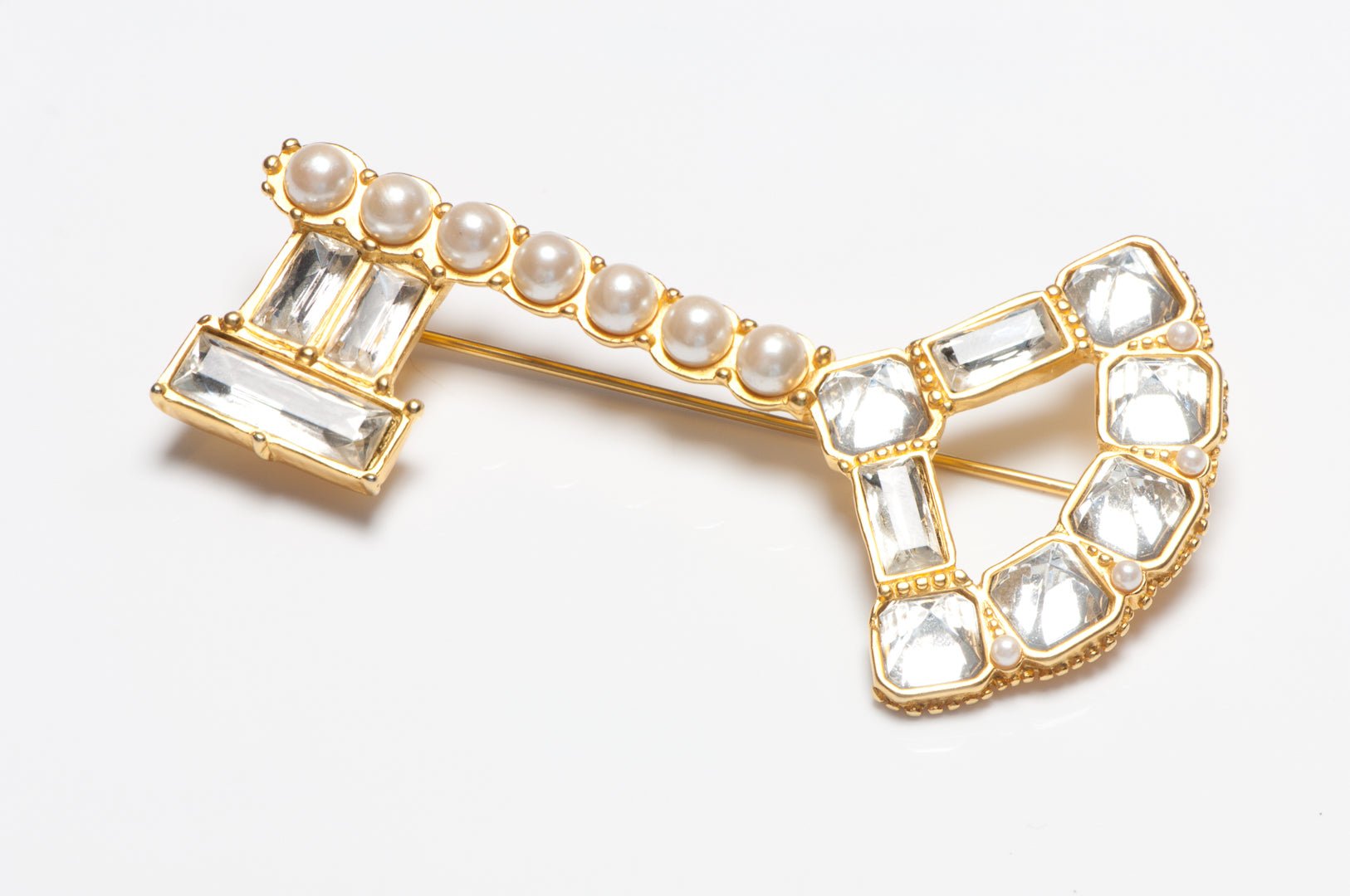 Vintage Karl Lagerfeld Paris Gold Plated Crystal Pearl Key Brooch