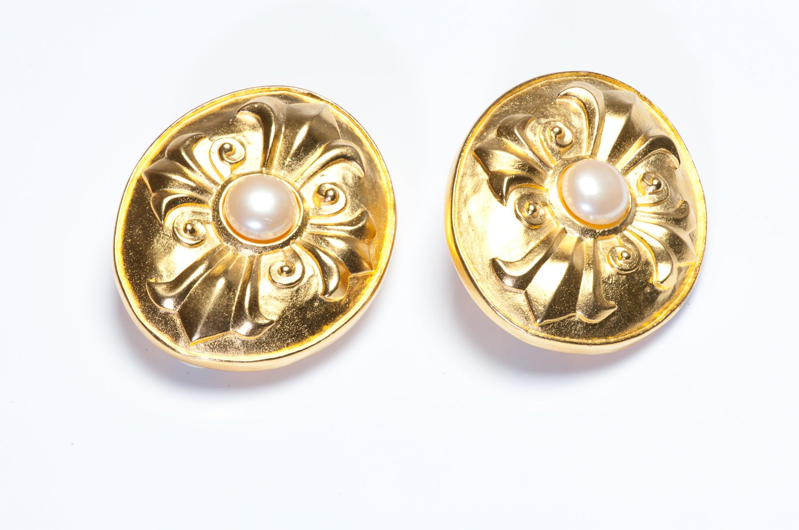 Vintage Karl Lagerfeld Paris Gold Plated Maltese Cross Pearl Earrings