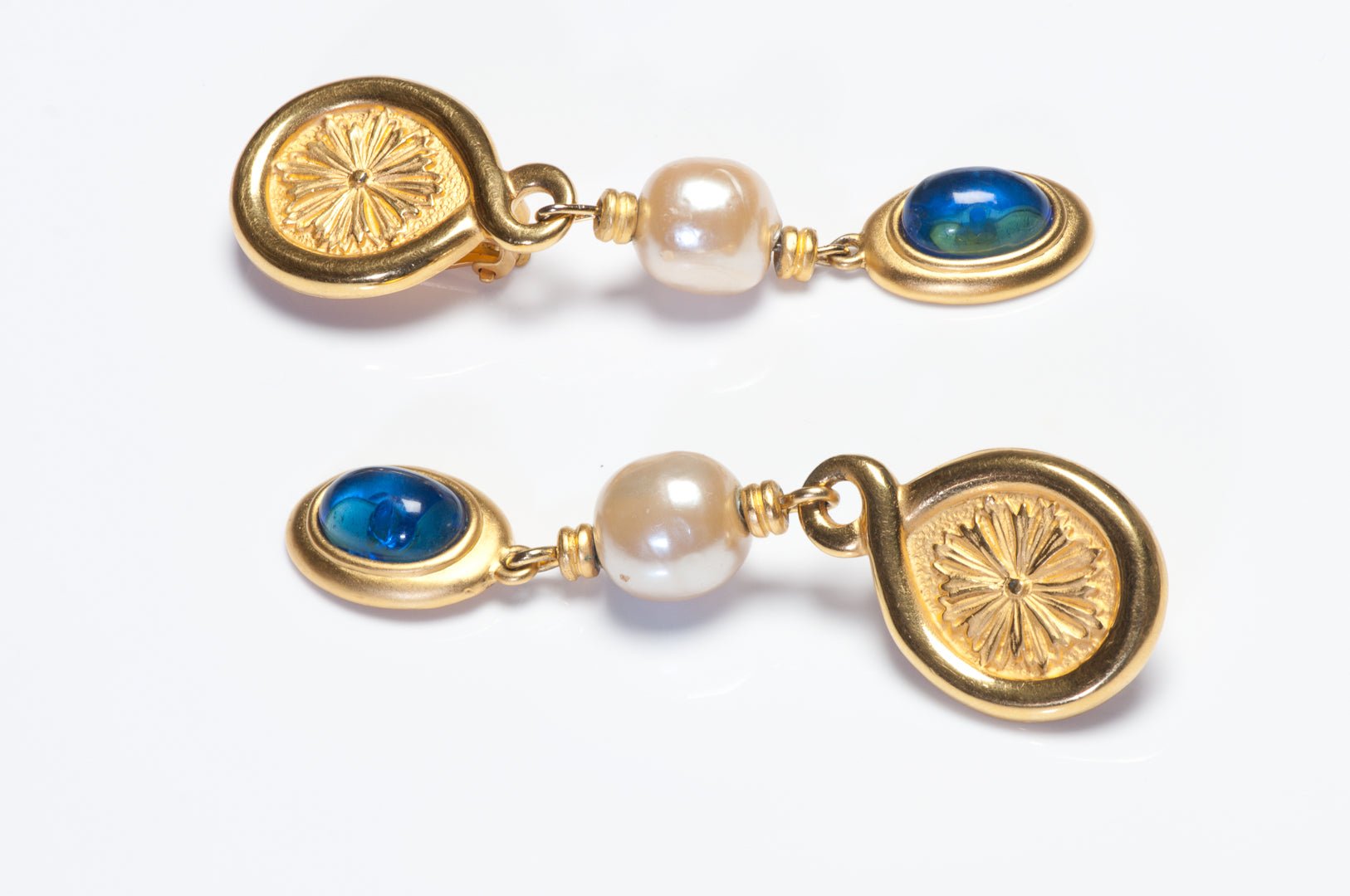 Vintage Karl Lagerfeld Paris Long Blue Cabochon Glass Pearl Drop Earrings
