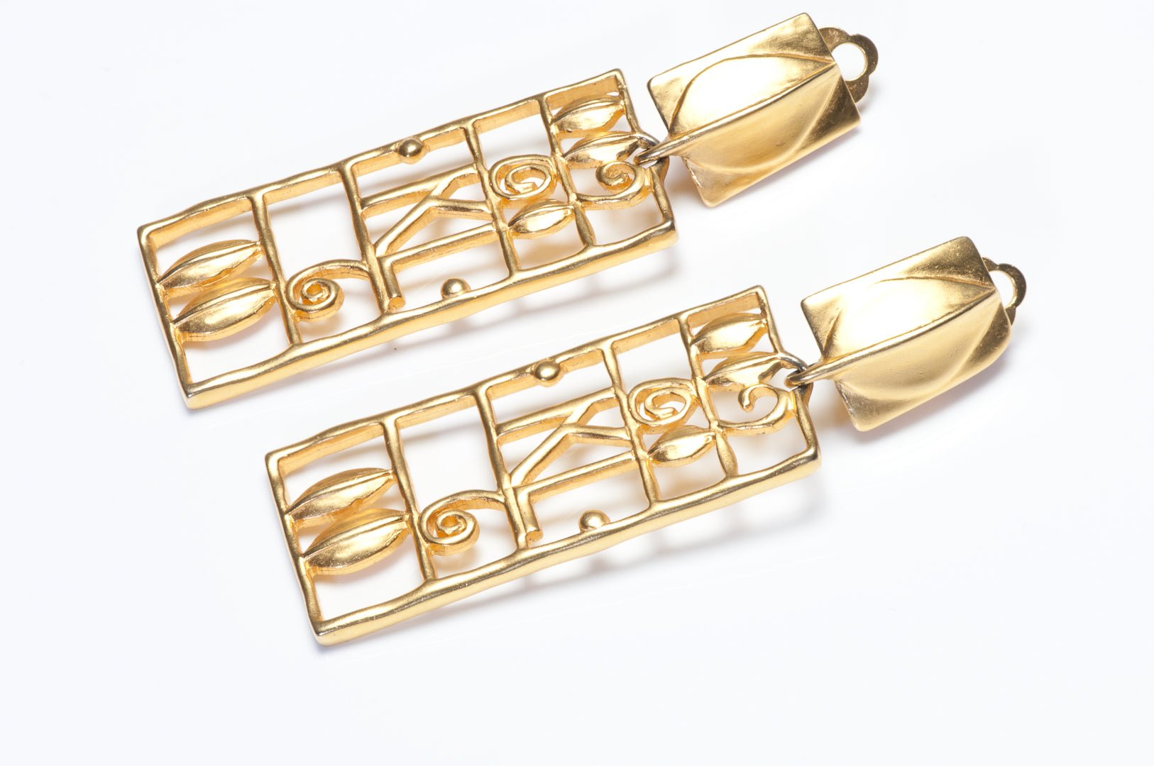 Vintage Karl Lagerfeld Paris Long Gold Plated Logo Cage Earrings