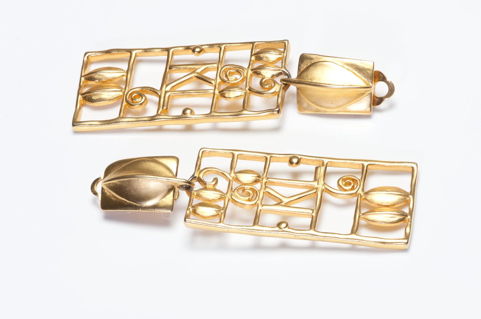 Vintage Karl Lagerfeld Paris Long Gold Plated Logo Cage Earrings
