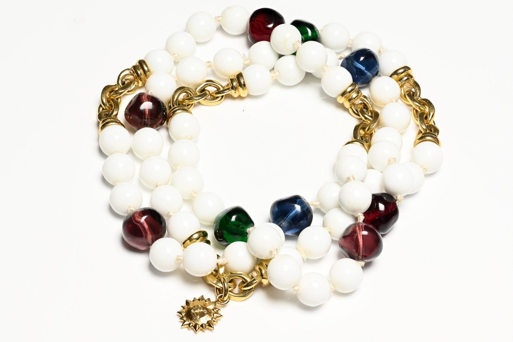 Vintage Karl Lagerfeld Paris White Red Blue Green Glass Beads Sautoir Necklace
