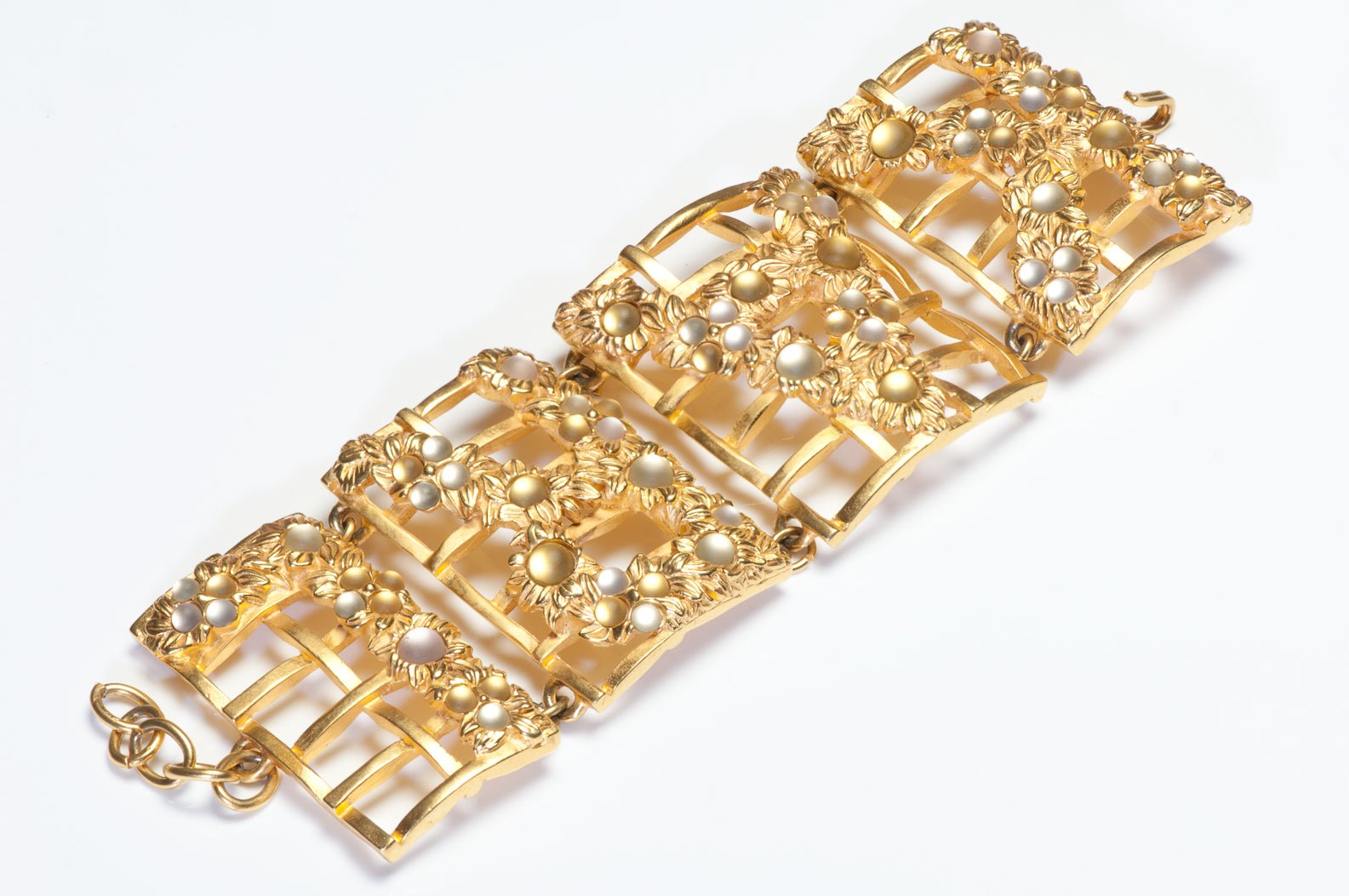 Vintage Karl Lagerfeld Paris Wide Floral Cage Letter Cabochon Chain Bracelet