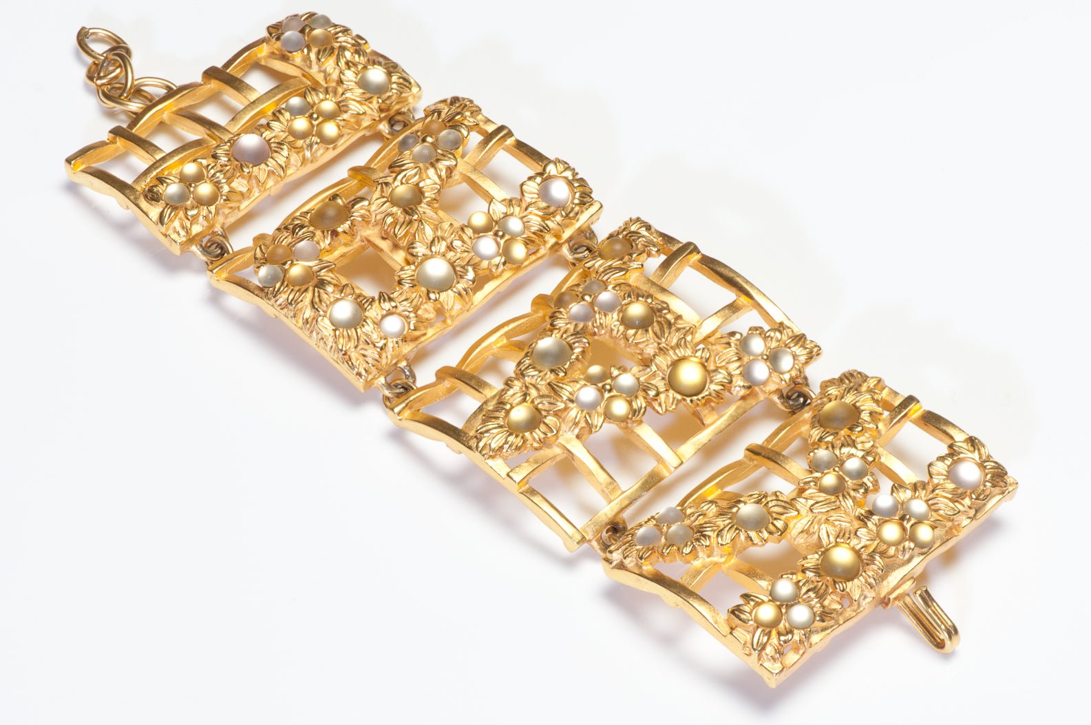 Vintage Karl Lagerfeld Paris Wide Floral Cage Letter Cabochon Chain Bracelet