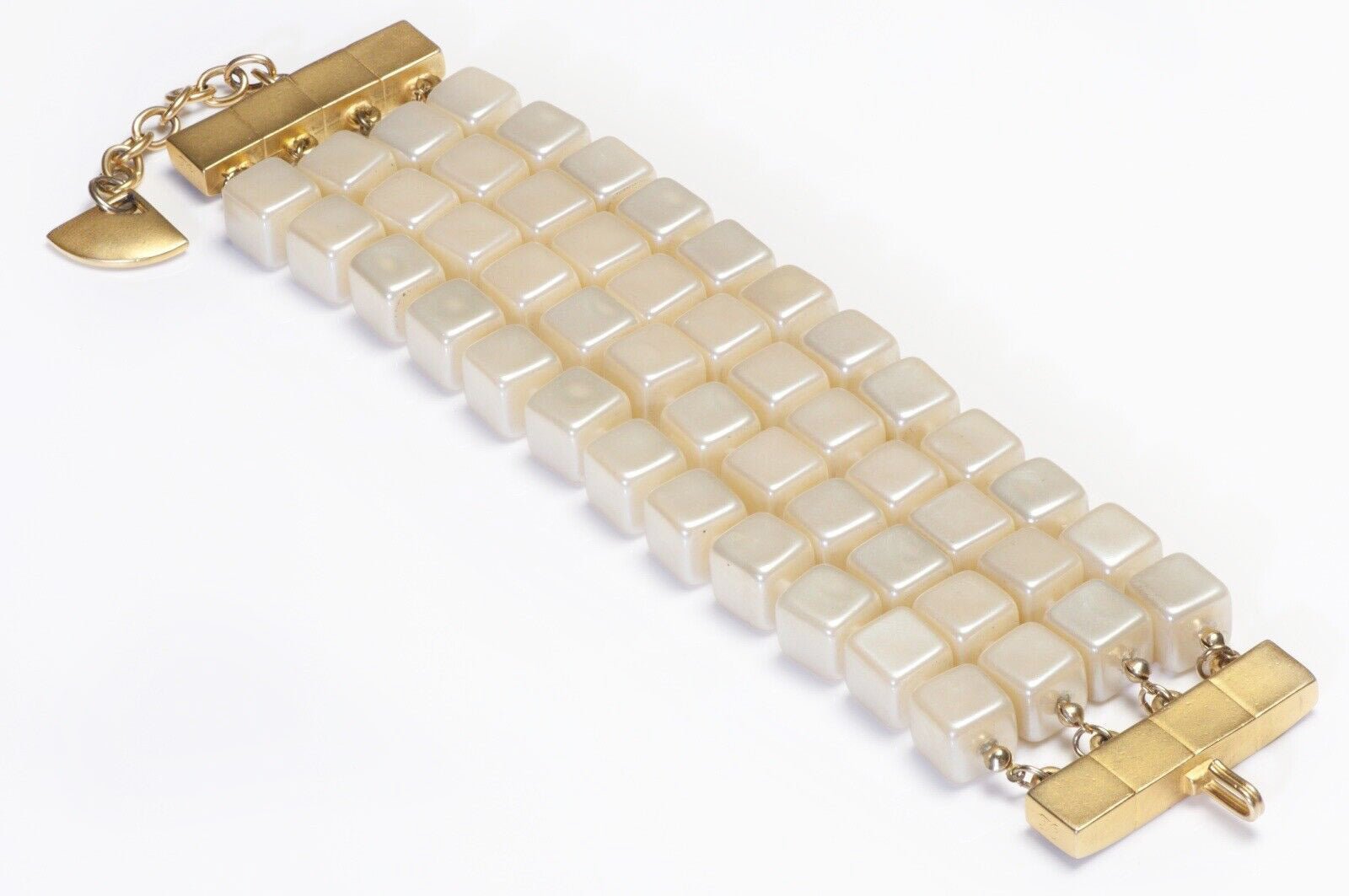 Vintage Karl Lagerfeld Paris Wide Gold Plated Faux Pearl Multi Strand Bracelet