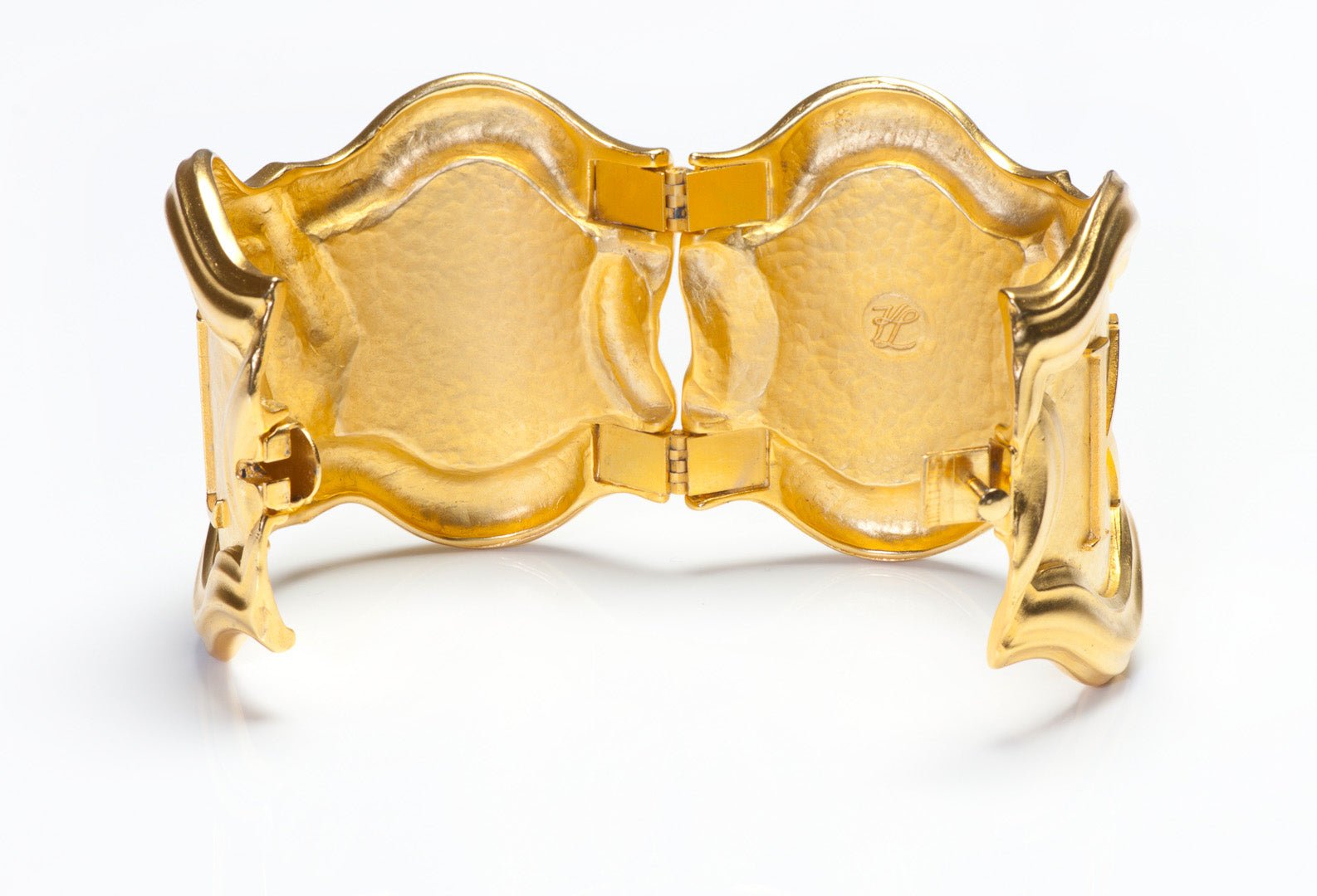 Vintage Karl Lagerfeld Paris Wide Gold Plated Hammered Logo Bangle Bracelet