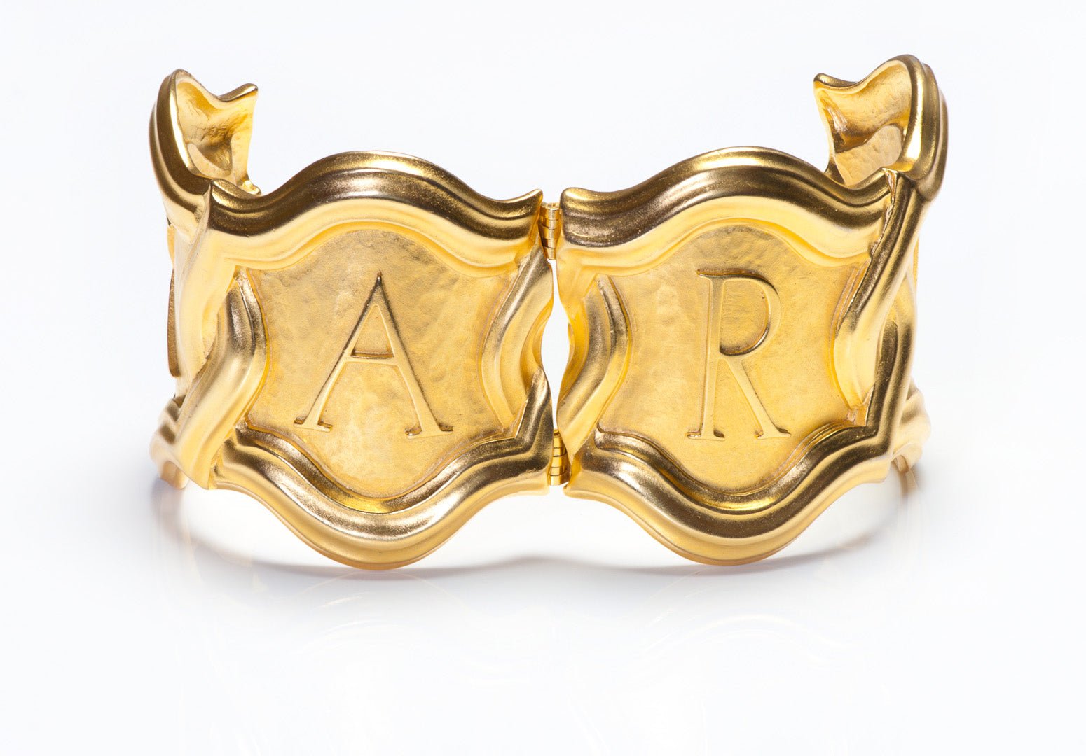 Vintage Karl Lagerfeld Paris Wide Gold Plated Hammered Logo Bangle Bracelet