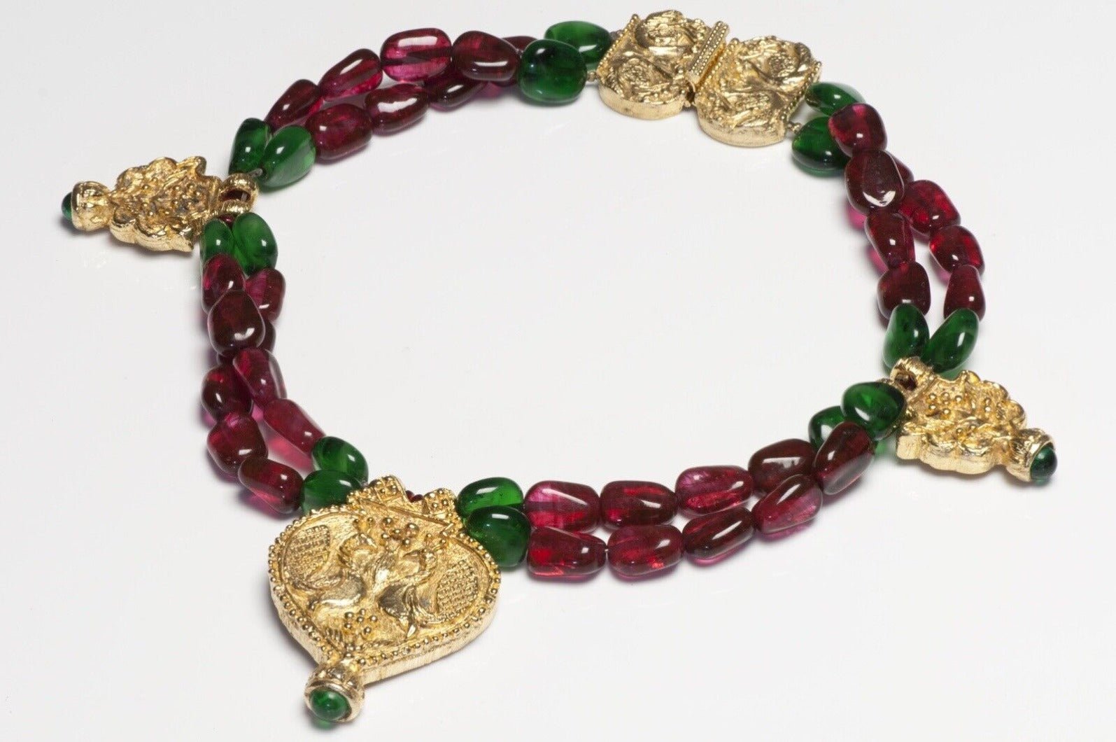 Vintage Kenneth Jay Lane Glass Beads Peacock Collar Necklace