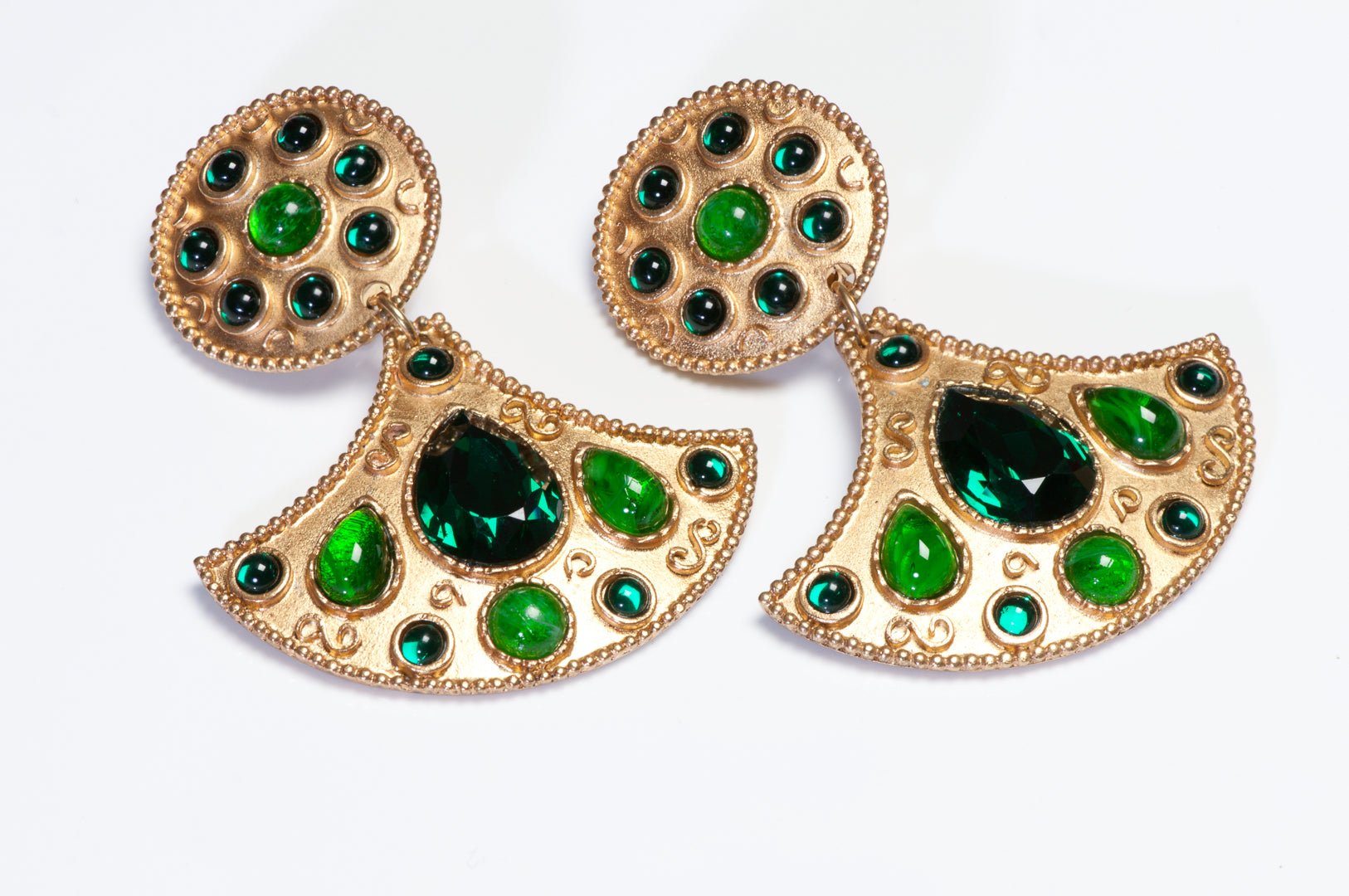 Vintage Kenneth Jay Lane KJL Long Etruscan Style Green Glass Crystal Earrings