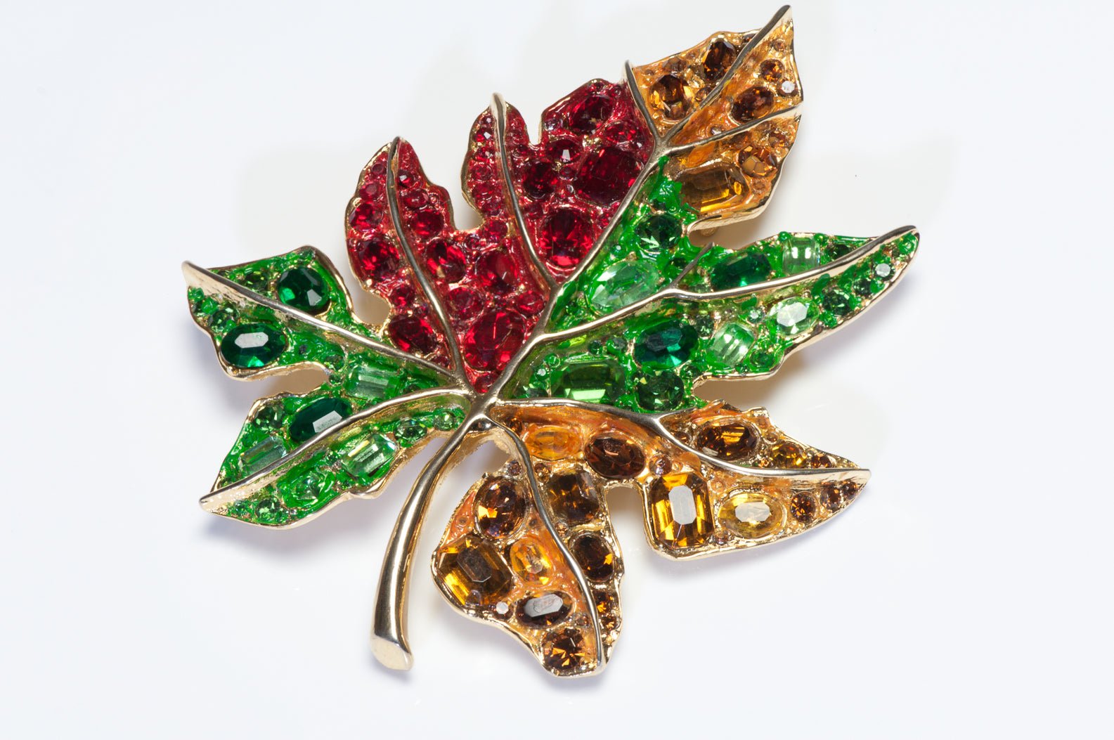 Vintage Kenneth Jay Lane KJL Red Yellow Green Crystal Maple Leaf Brooch
