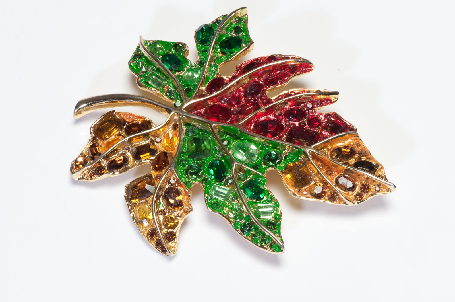 Vintage Kenneth Jay Lane KJL Red Yellow Green Crystal Maple Leaf Brooch
