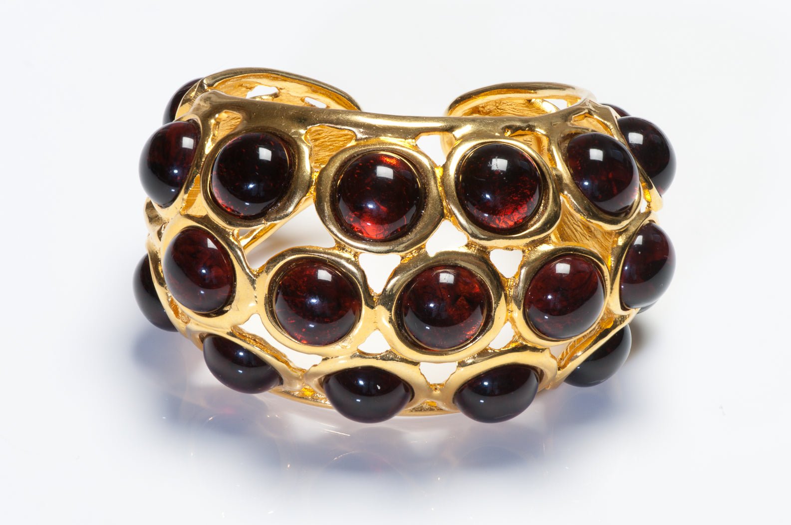 Vintage Kenneth Jay Lane KJL Wide Gold Plated Red Cabochon Resin Cuff Bracelet