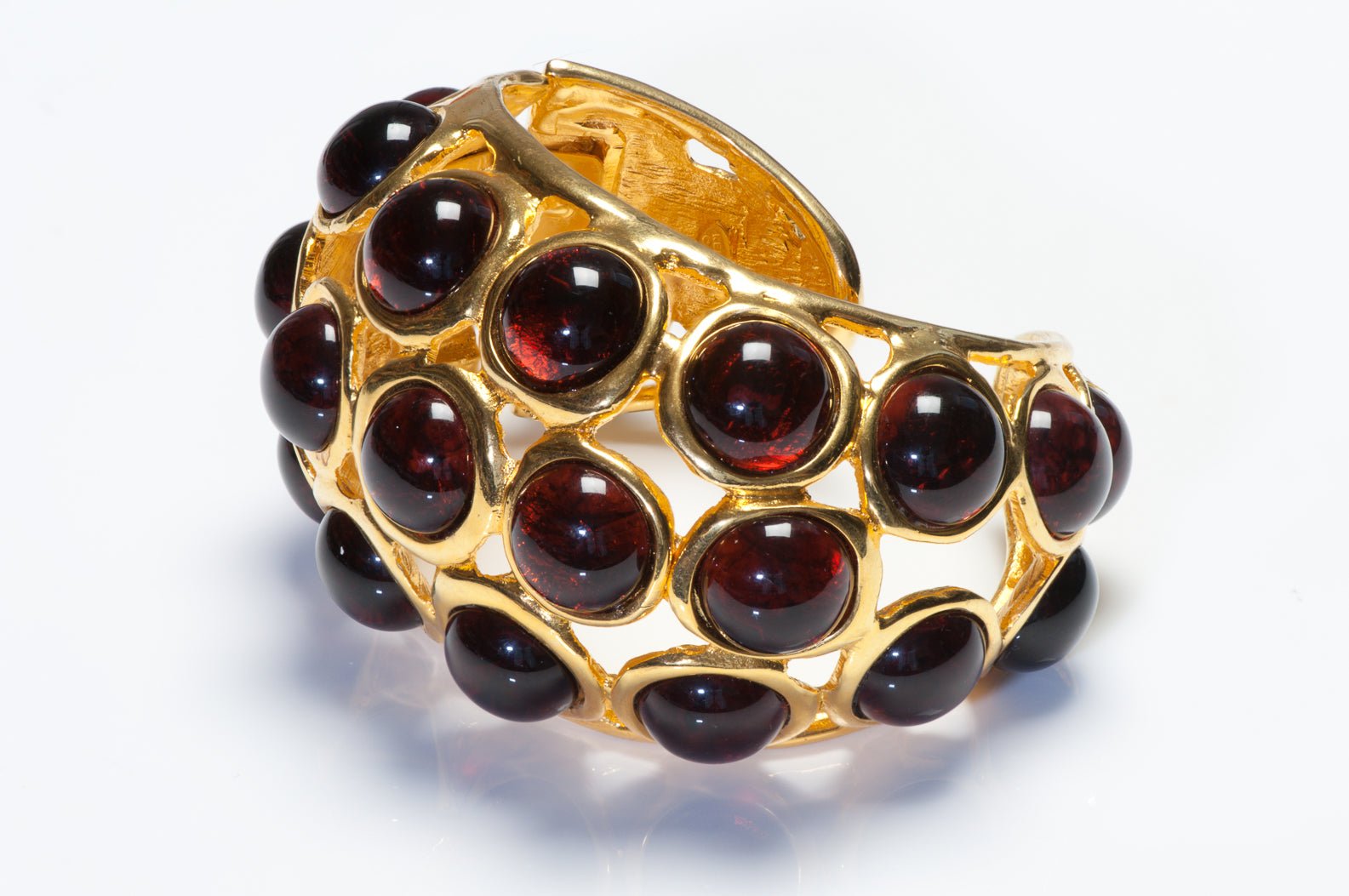 Vintage Kenneth Jay Lane KJL Wide Gold Plated Red Cabochon Resin Cuff Bracelet
