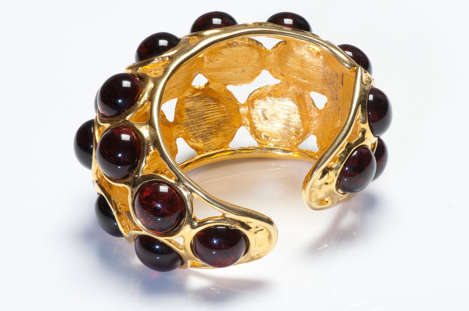 Vintage Kenneth Jay Lane KJL Wide Gold Plated Red Cabochon Resin Cuff Bracelet