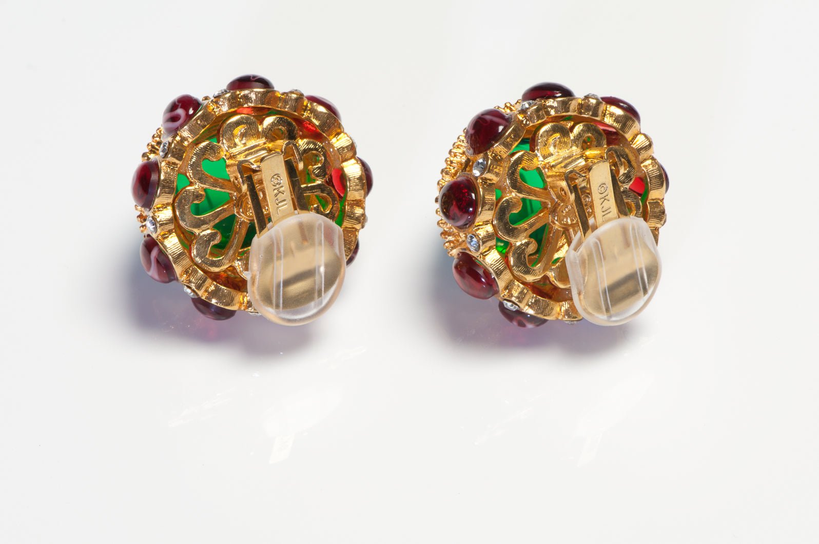 Vintage Kenneth Jay Lane Mughal Style Green Red Resin Crystal Earrings