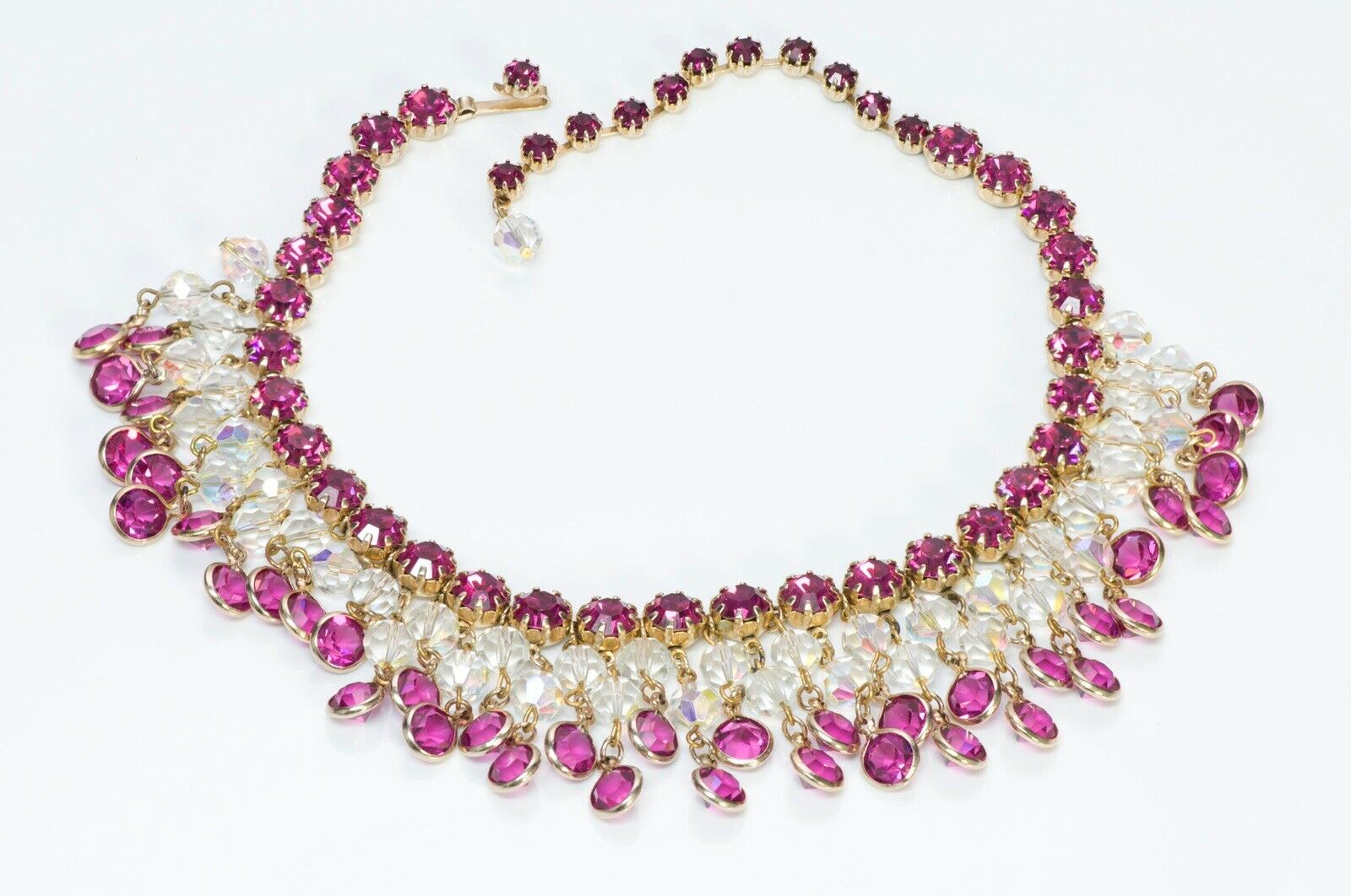 Vintage KRAMER New York Wide Pink Crystal Tassel Choker Necklace