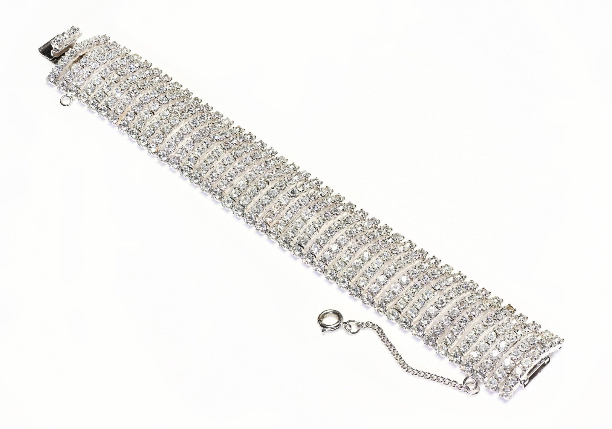 Vintage Kramer NY Wide Palladium Plated Crystal Chain Mesh Bracelet