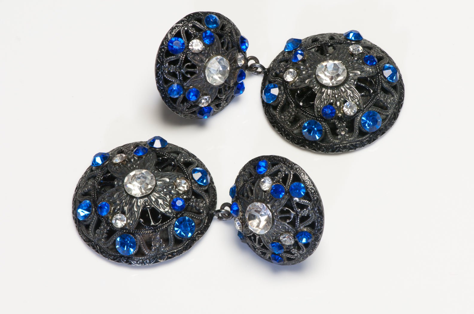 Vintage La Porte Bleue Paris Long Blue Crystal Filigree Earrings