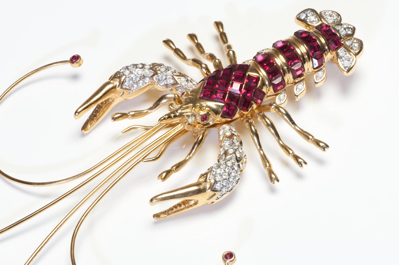 Vintage Landau Large Gold Plated Red Crystal Lobster Brooch