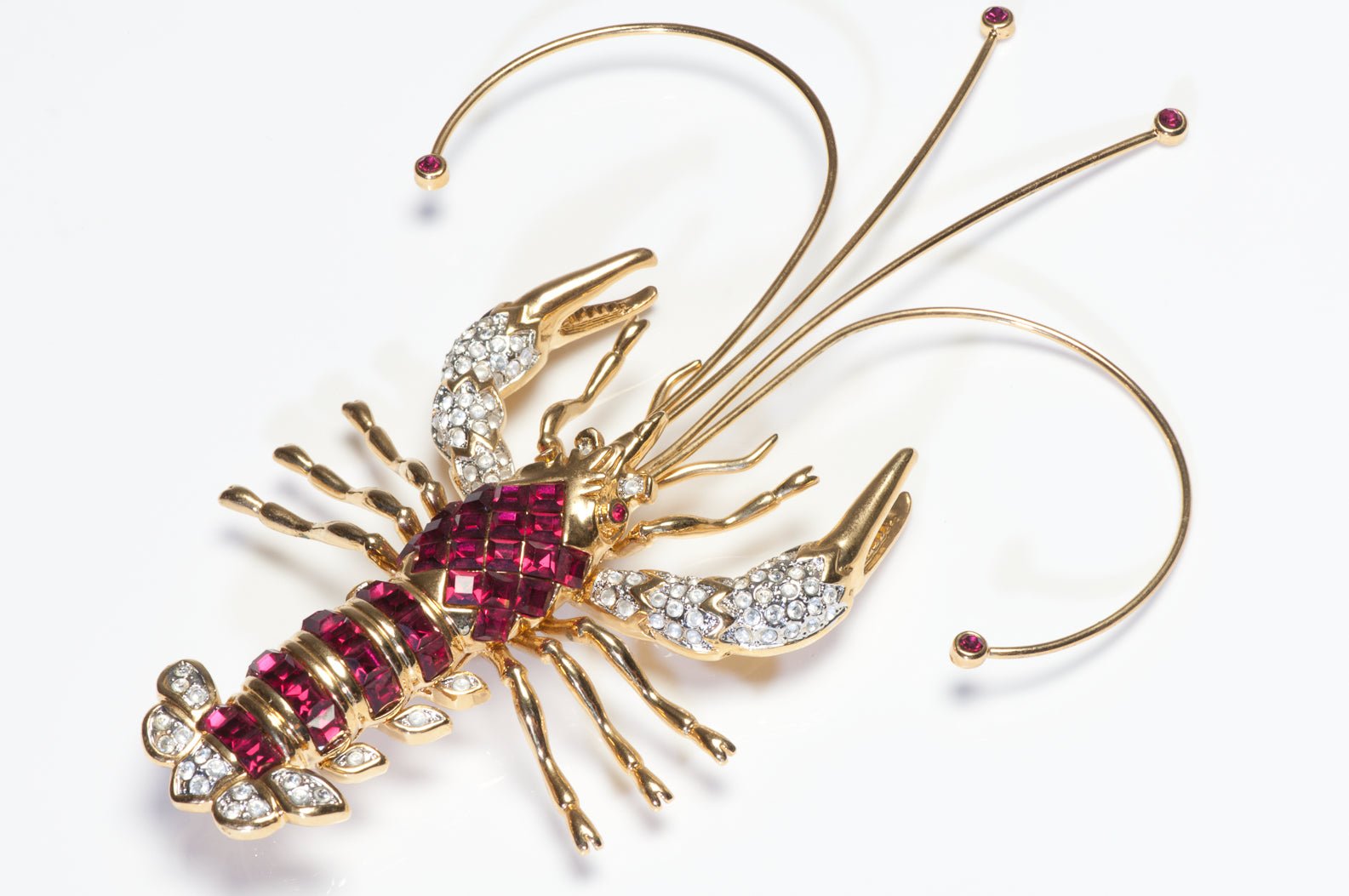 Vintage Landau Large Gold Plated Red Crystal Lobster Brooch