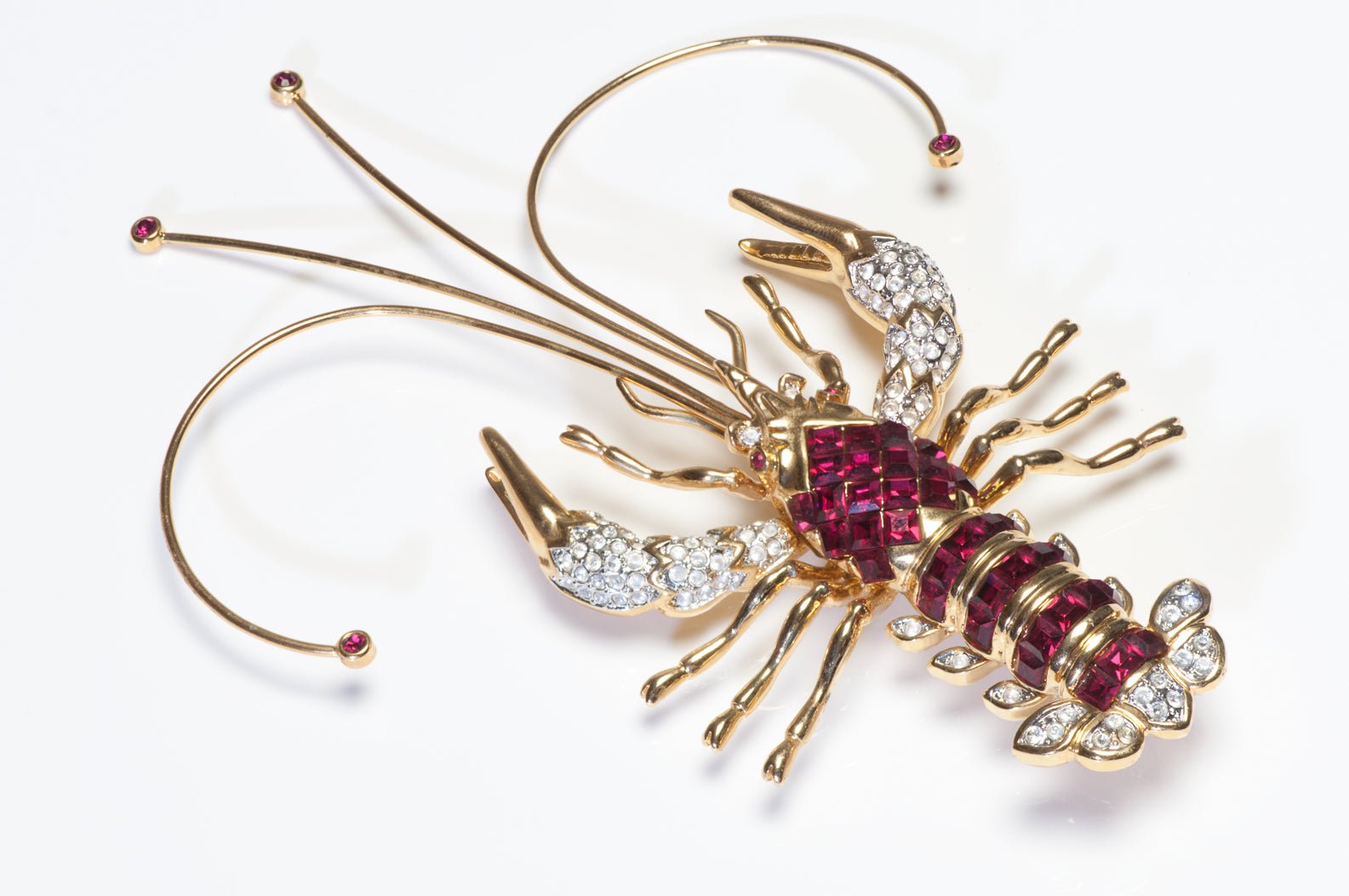 Vintage Landau Large Gold Plated Red Crystal Lobster Brooch