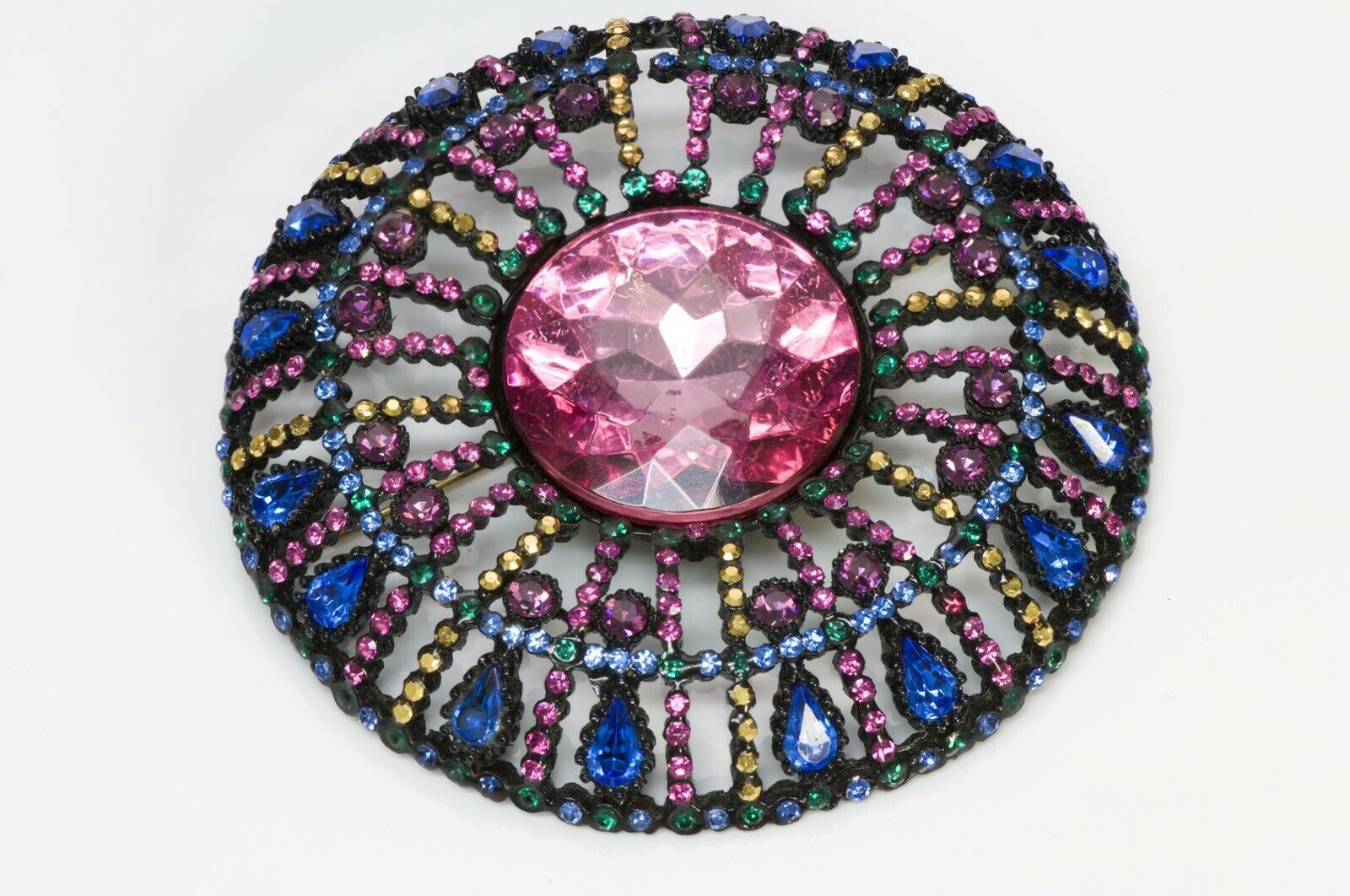 Vintage Large Pink Blue Green Crystal Round Brooch