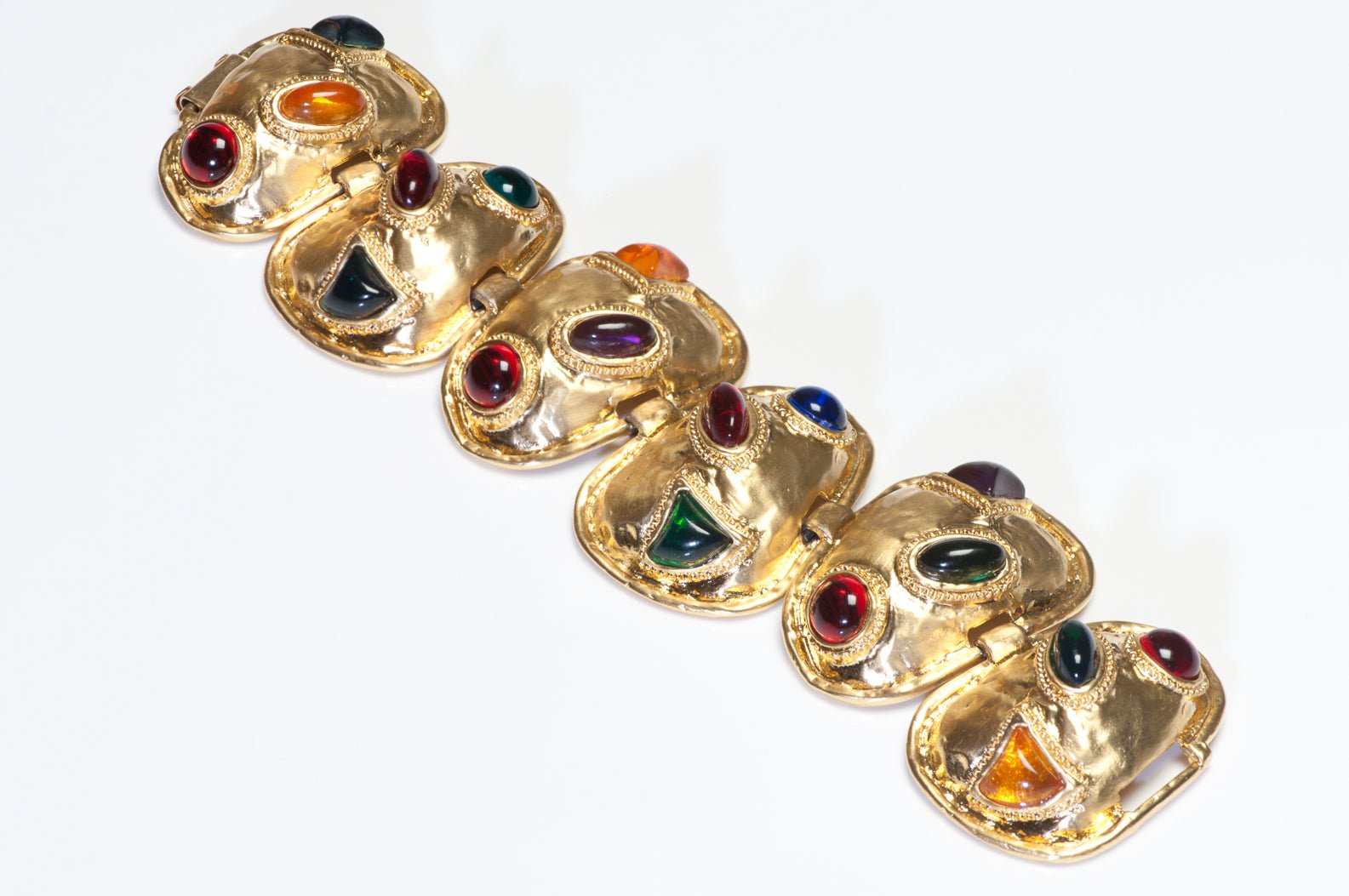 Vintage Les Bernard Wide Gold Plated Red Green Blue Cabochon Chain Bracelet