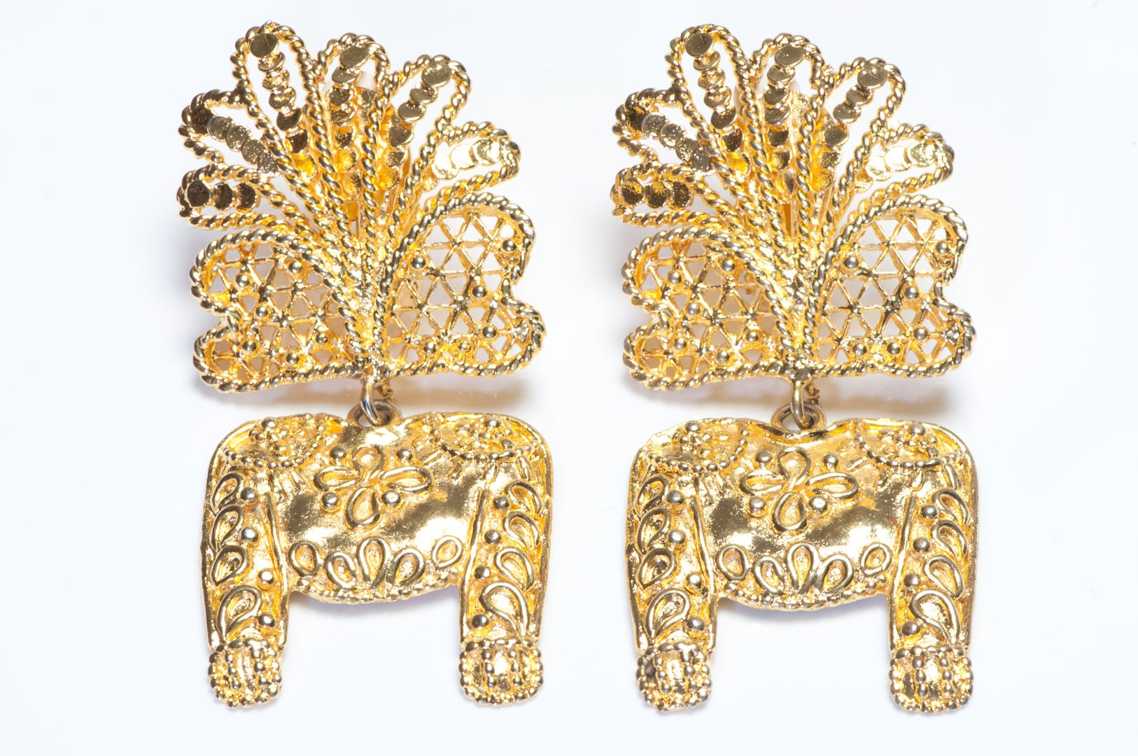 Vintage Loewe Long Gold Plated Spanish Jacket Feather Earrings