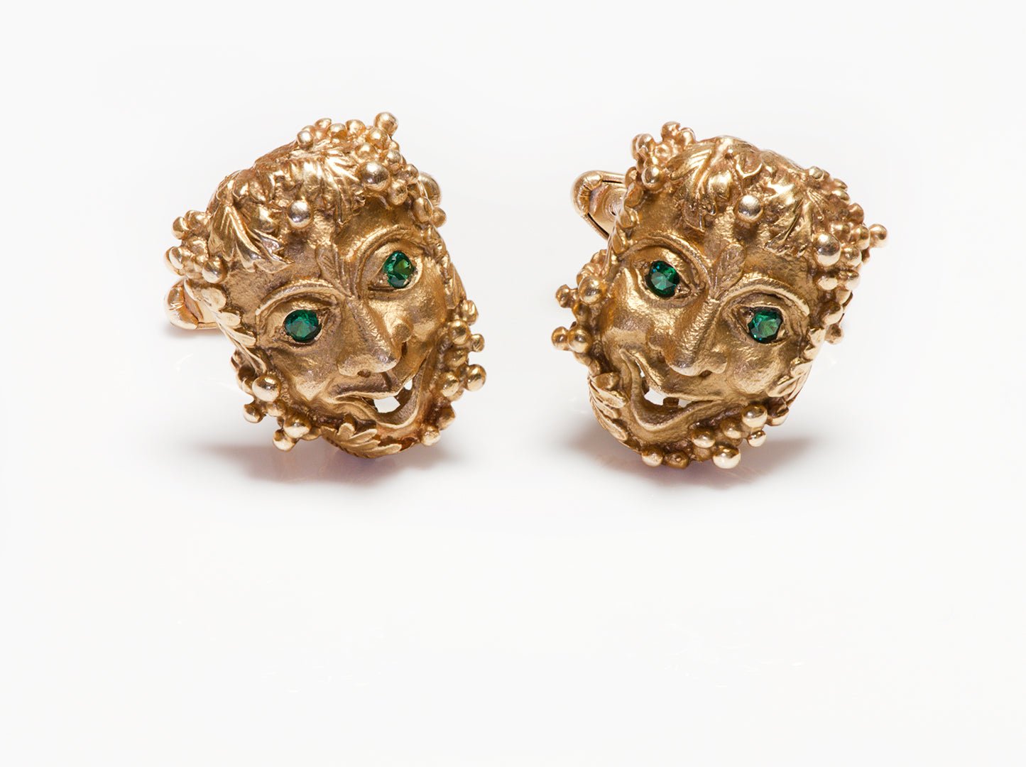 Vintage Lucien Piccard Theatre Mask Gold Emerald Cufflinks