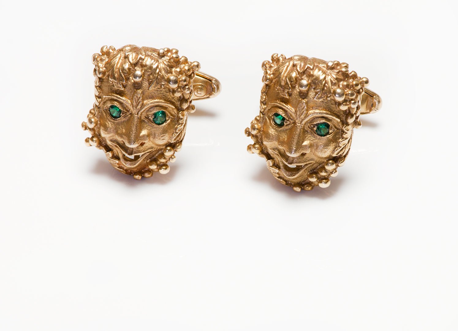 Vintage Lucien Piccard Theatre Mask Gold Emerald Cufflinks