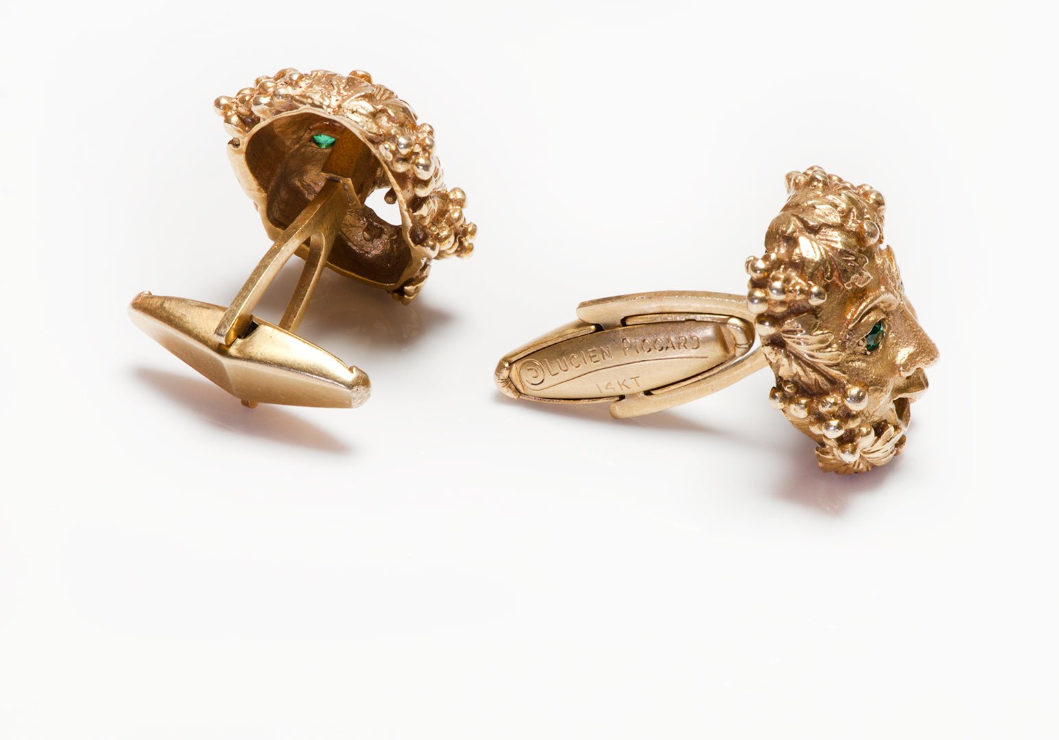 Vintage Lucien Piccard Theatre Mask Gold Emerald Cufflinks