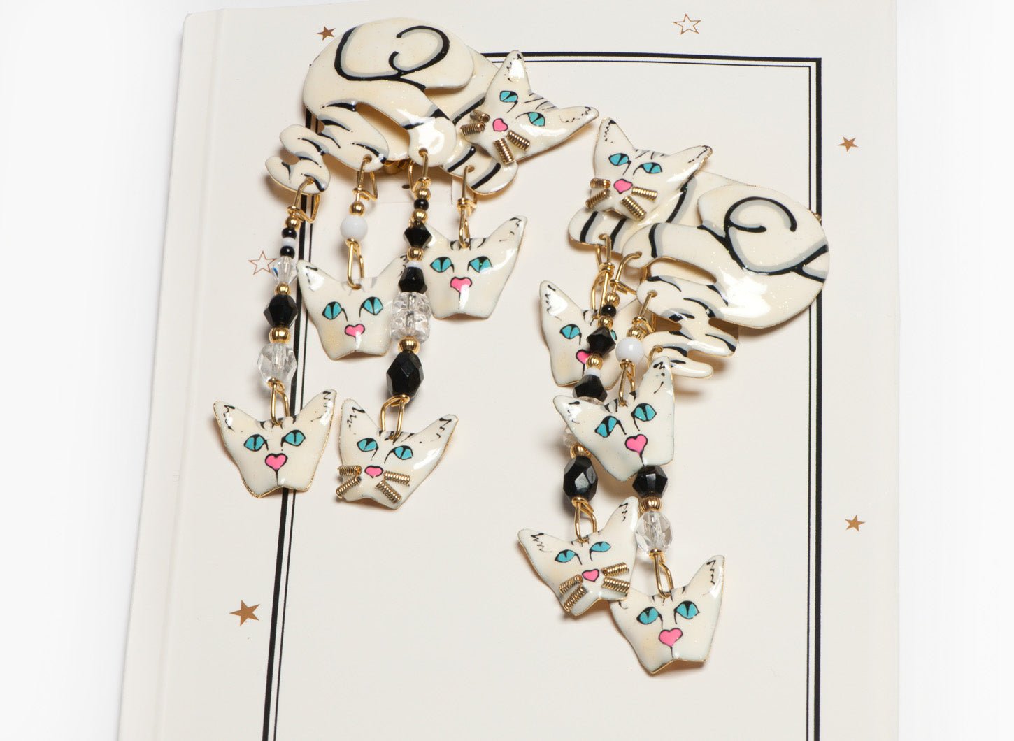 Vintage Lunch at the Ritz Long White Enamel Crystal Cats Tassel Earrings